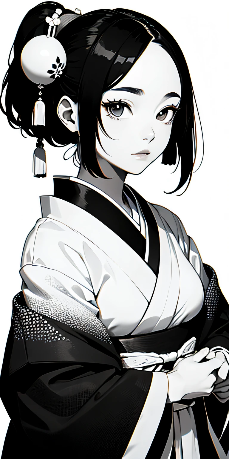 absurdres, highres, ultradetailed, (1girl:1.6), grainy, black and white, BREAK, ((japanese traditional art)), (black and white), mesmerizing shapes, dreamy imagery, zen calligraphy, BREAK, hanfu, geisha, exotic, upper body