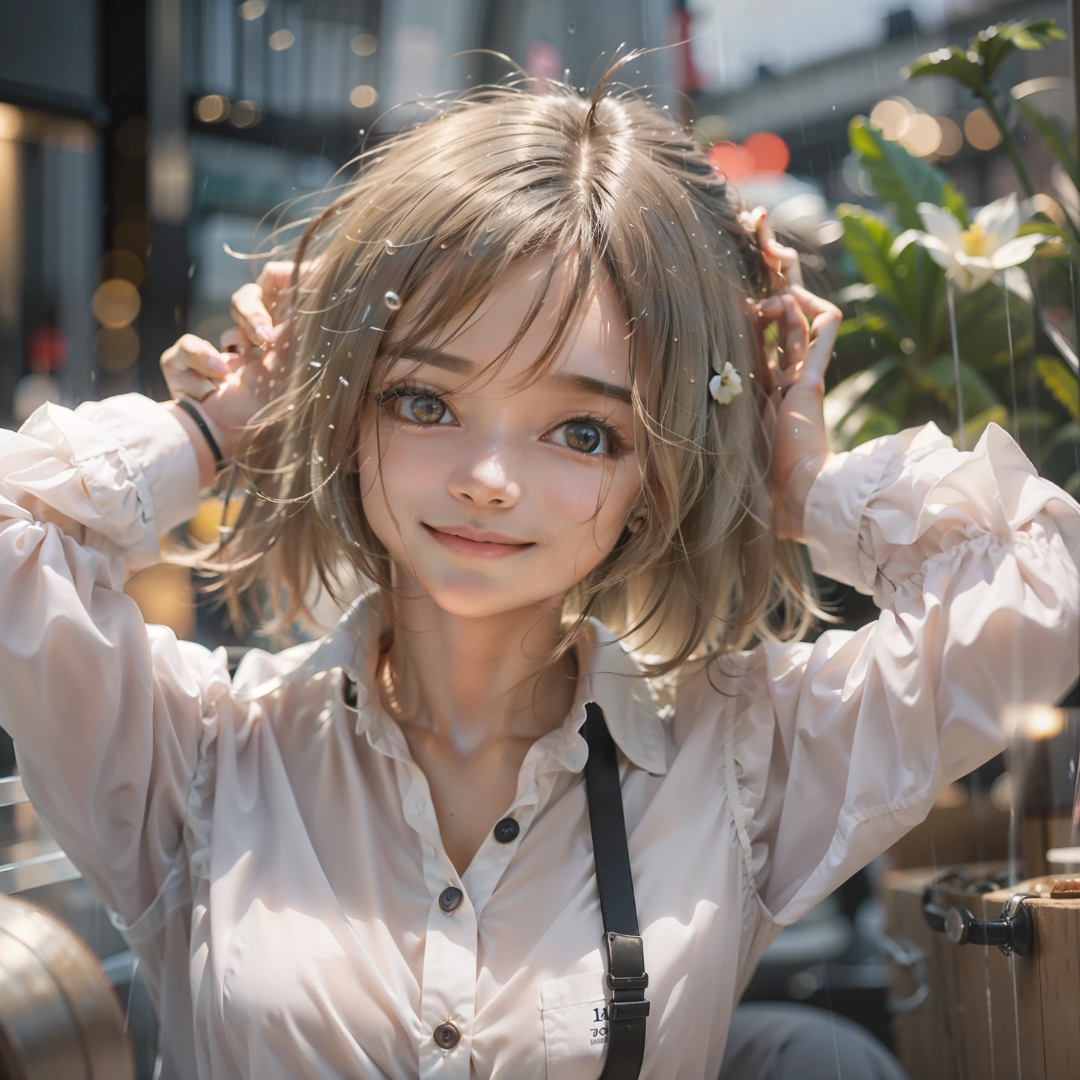 (8k, Best Quality, Masterpiece: 1.2), (Realistic, Realistic: 1.37), Ultra Detailed, 1 Girl, Cute, Solo, Beautiful Detailed Sky, Detailed Cafe, Night, Sitting, Dating, ( red nose), (smile: 1.15), (shut up) small breasts, beautiful and delicate eyes, (collared shirt: 1.1), night, wet, business attire, rain, white lace, (short hair: 1.2), flowing hair NovaFrogStyle,