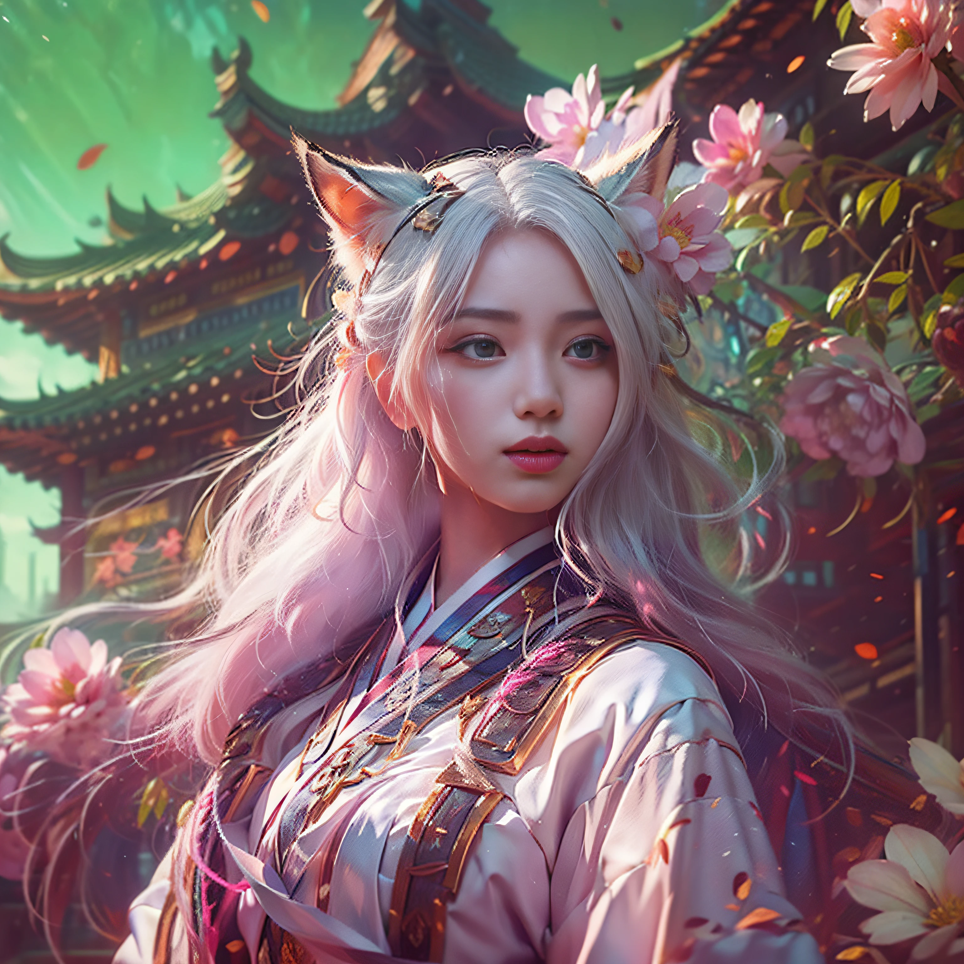 Girl with white hair with fox ears,Dressed in gorgeous Hanfu, standing looking down into the distance,Quaint buildings on the side,she has a distant expression, profile pose, best qualtiy,extremely detailed CG unity 8k wal,电影灯光,ssmile,trendding on artstation,Flowers of Hope by Jean-Honor Fragonard,Peter mohrbacher,ultra-detailliert,insanely details, Amazing, Complex, Elite, Art Nouveau, Elegant, Luxurious, Greg Rutkowski, Vector art beautiful character design, Dual exposure shooting, Luminous design, winning artwork, tmasterpiece,