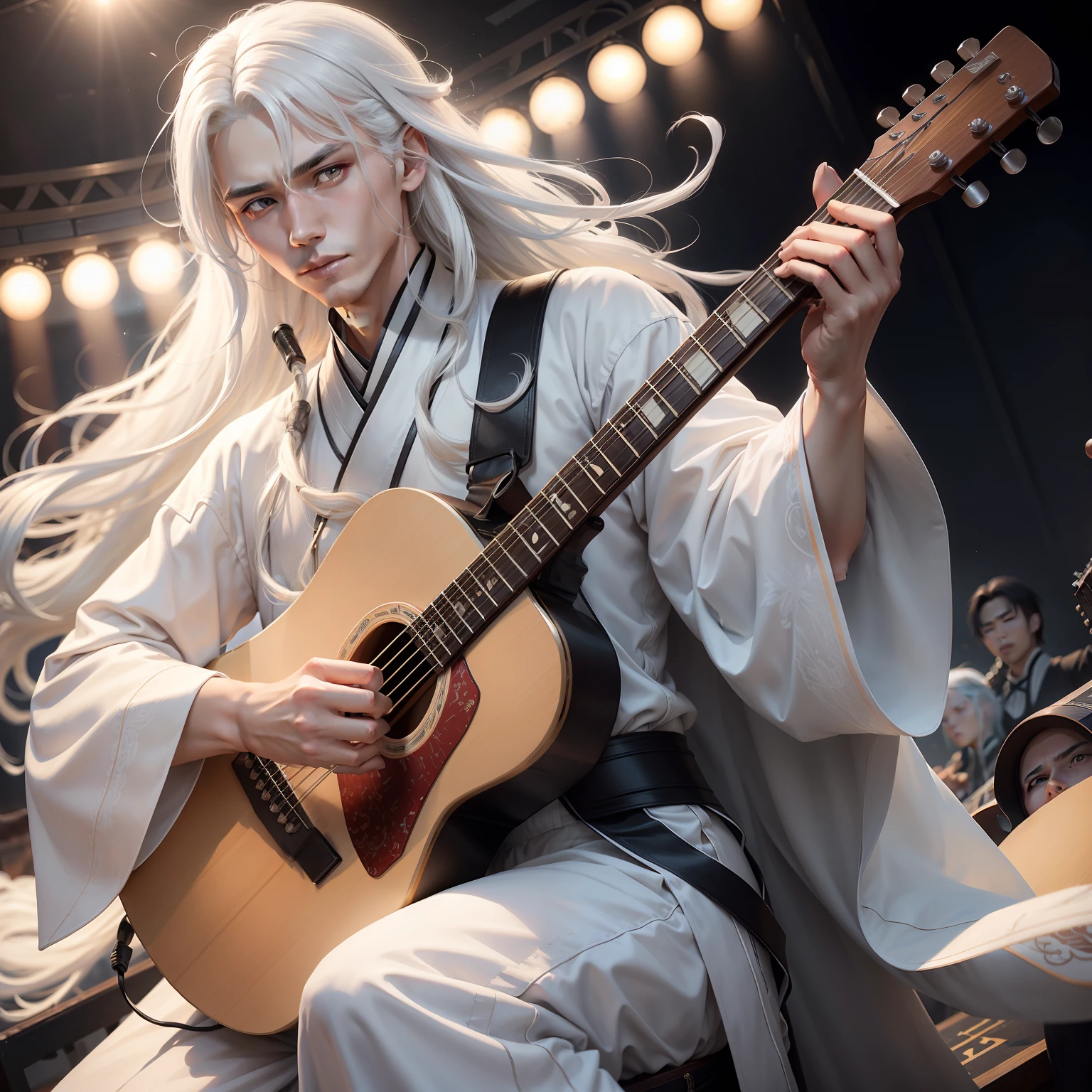 cool guy,White hair,long whitr hair,ancient wind,Hanfu,full bodyesbian,Concert,plays the guitar,k hd,tmasterpiece