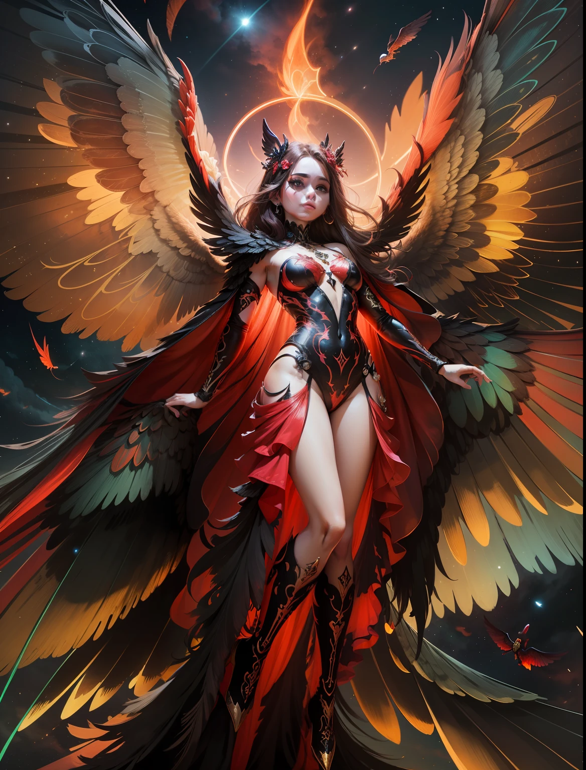 A tiny mystical entity with delicate wings, dressed in a vibrant nude red and black costume, soaring through the night sky with a magical aura.