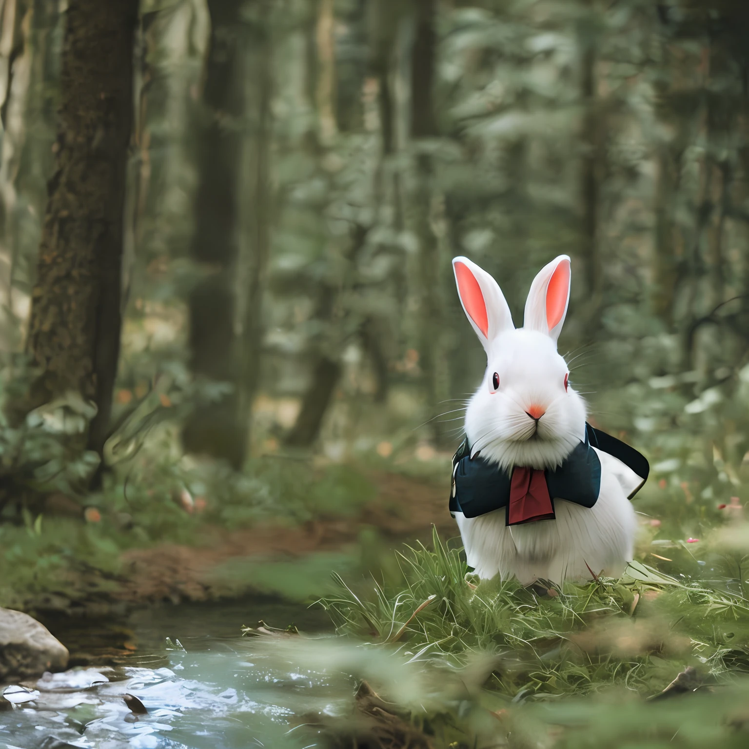 classicnegative portrait photo, fantasy video game character concept art, a cute white fluffy rabbit wearing a small brown leather backpack looking at a map hiking through a forest, dungeons and dragons, fantasy, river, haze, halation, bloom, dramatic atmosphere, 1970s dark fantasy movie, centred, rule of thirds