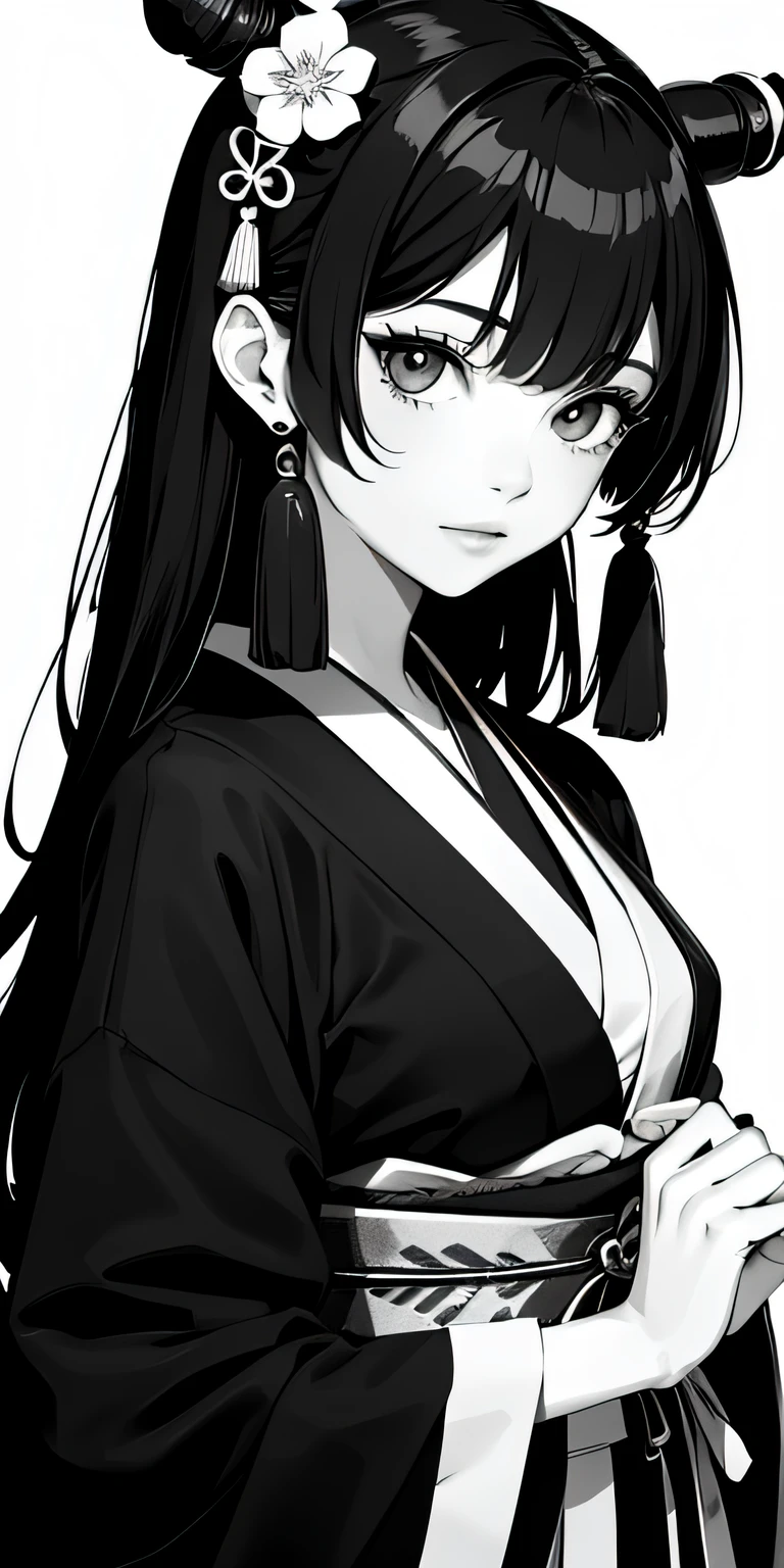 absurdres, highres, ultradetailed, (1girl:1.6), grainy, black and white, BREAK, ((japanese traditional art)), (black and white), mesmerizing shapes, dreamy imagery, zen calligraphy, BREAK, hanfu, geisha, exotic, upper body