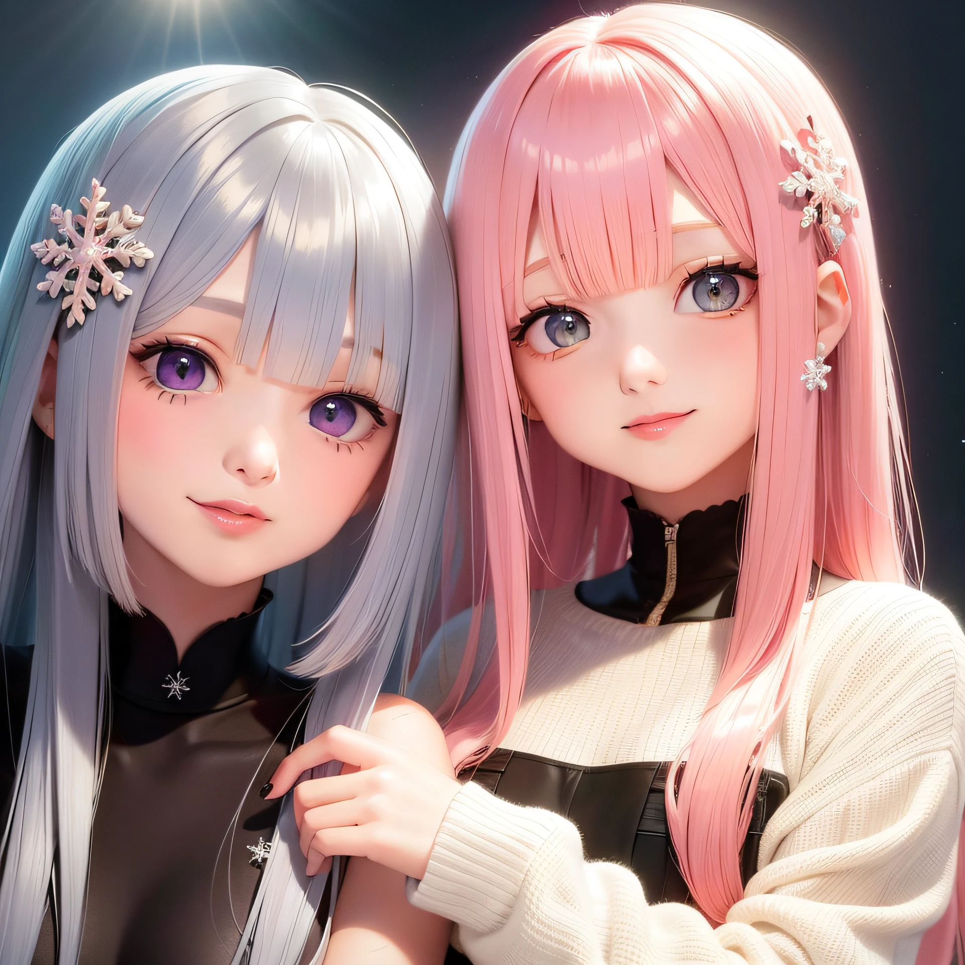 bangs, blunt bangs, pink hair, snowflake hair ornament, color contact lenses, smile, backlighting, character chart, masterpiece