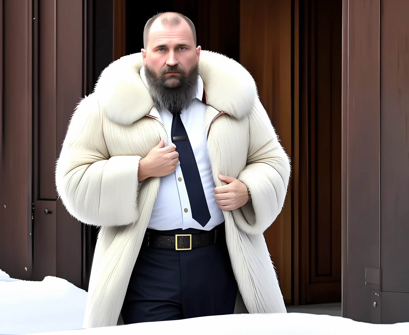 40-year-old middle-aged Russian uncle wears a big fur coat，Inside is a white shirt，There is the majesty of an officer，Hands on the belt