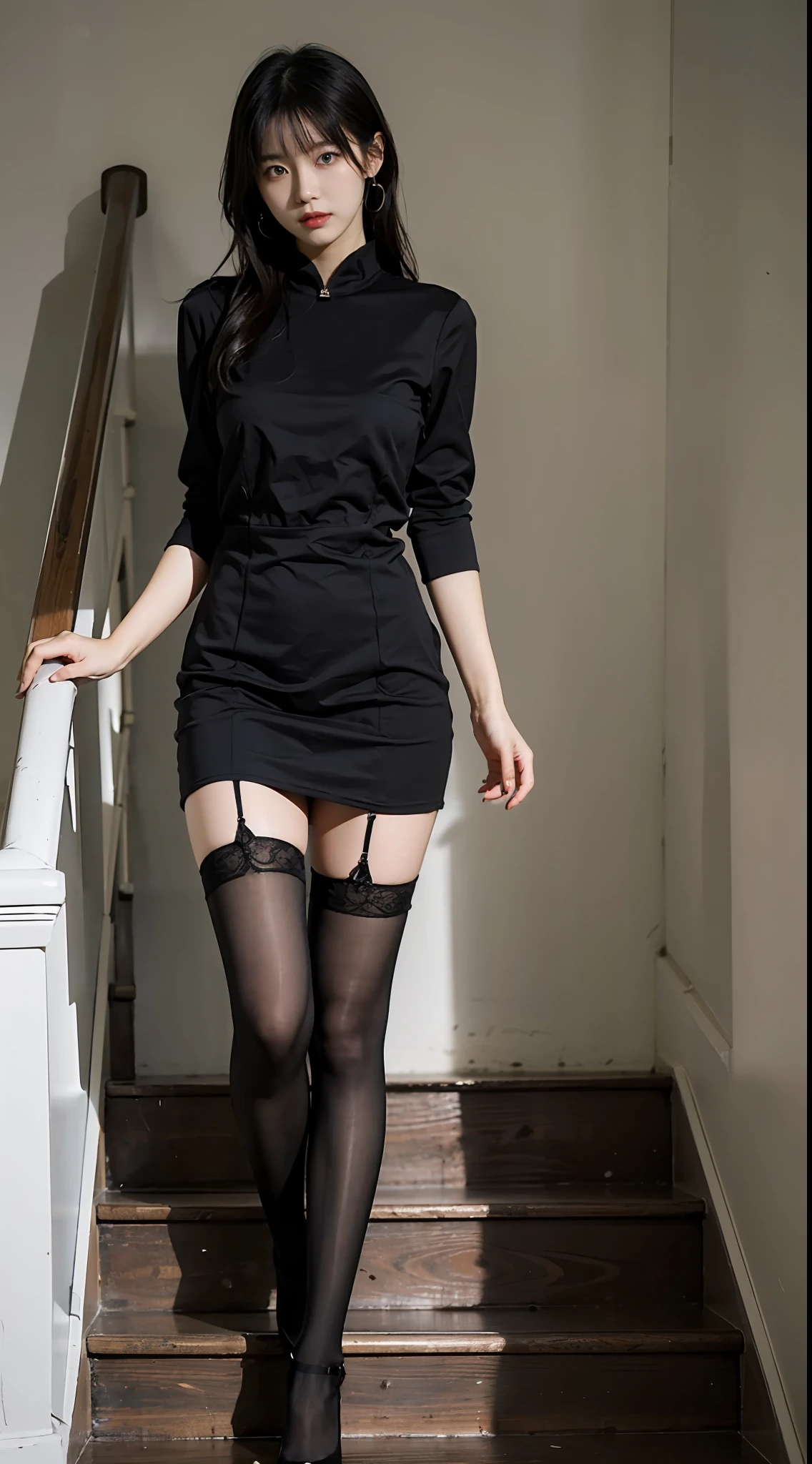 arafed woman in a black dress posing on a staircase, Wearing black stockings,Black 40D pantyhose,Balenciaga stockings,a picture by Yang J, Tumblr, romanticism lain, Sexy dress, Gorgeous young Korean woman, beautiful Korean women, wearing a tight black dress, Korean girl, full-body xianxia, wearing a black dress, korean women's fashion model, gorgeous chinese models, Beautiful young Korean woman, Black dress