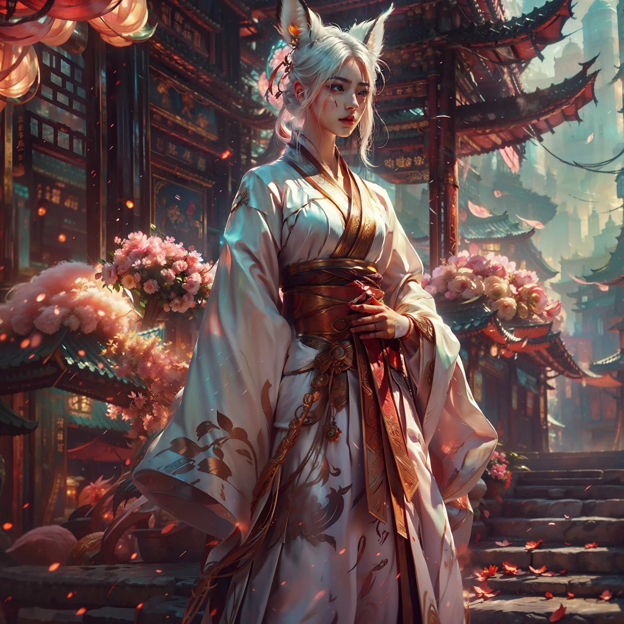 Girl with white hair with fox ears,Dressed in gorgeous Hanfu, standing looking down into the distance,Quaint buildings on the side,she has a distant expression, profile pose, best qualtiy,extremely detailed CG unity 8k wal,电影灯光,ssmile,trendding on artstation,Flowers of Hope by Jean-Honor Fragonard,Peter mohrbacher,ultra-detailliert,insanely details, Amazing, Complex, Elite, Art Nouveau, Elegant, Luxurious, Greg Rutkowski, Vector art beautiful character design, Dual exposure shooting, Luminous design, winning artwork, tmasterpiece,