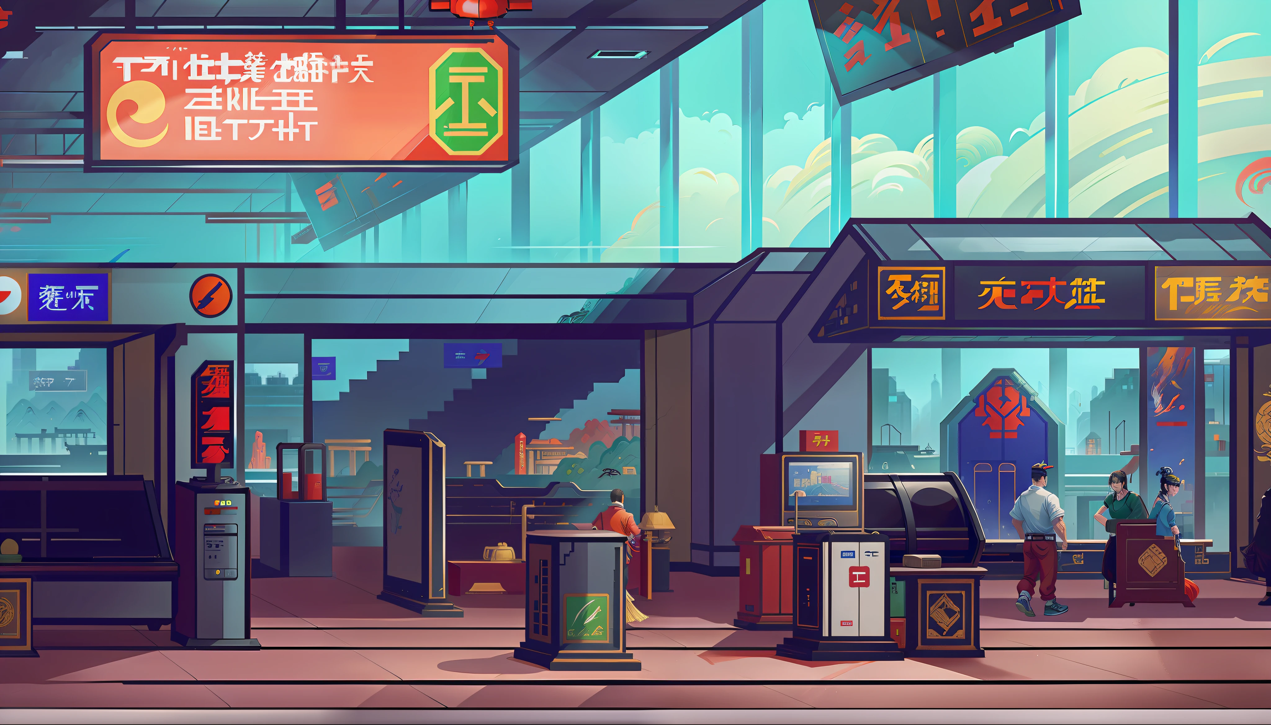inside a chinese airport, airport boarding entrance, 32 bit quality, extremely detailed, official art, pixel art, snes style, super detail, side view, beat em up game stage style -- v 1