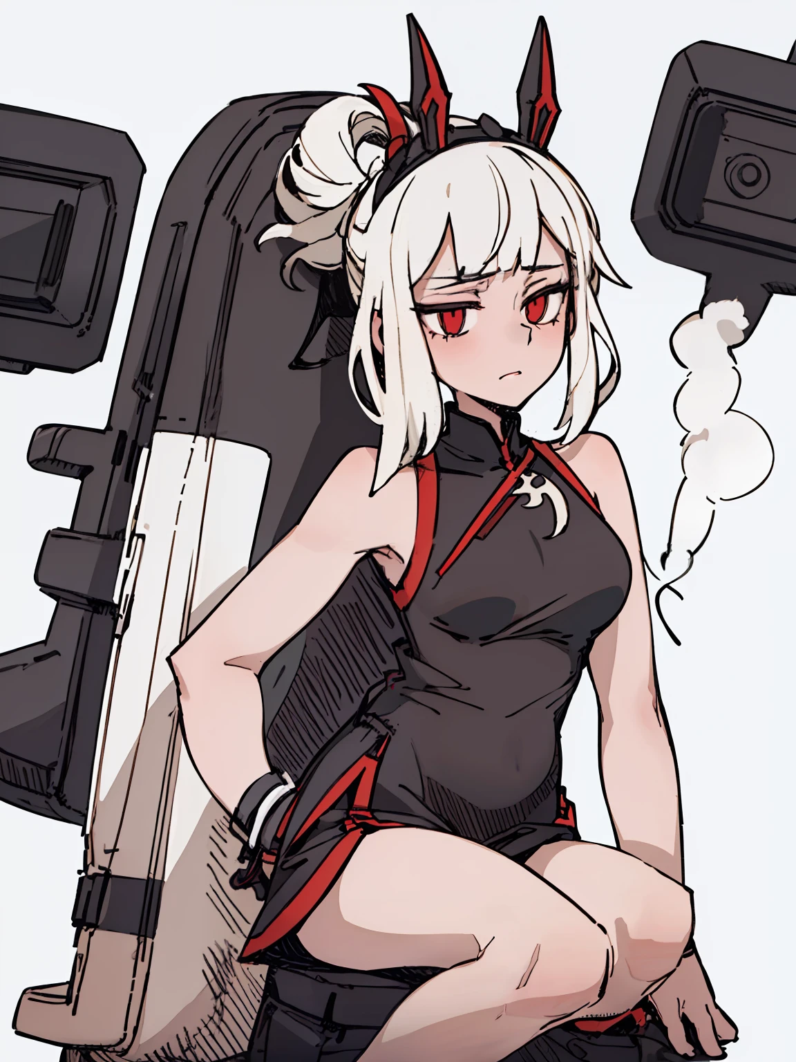 A girl frontal,((full bodyesbian,whaite hair,curlies,on cheongsam)),smokes,Young, White background