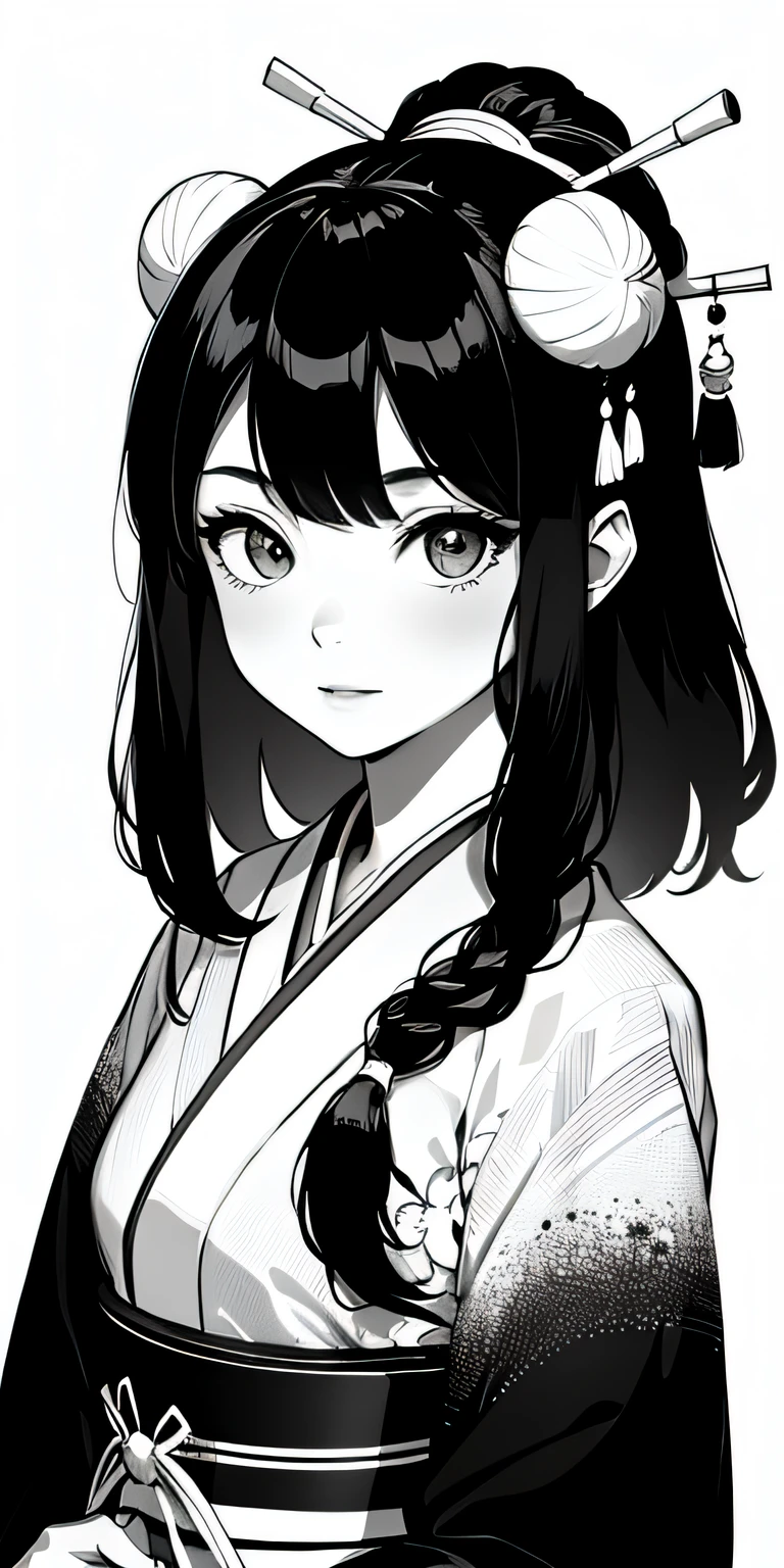 absurdres, highres, ultradetailed, (1girl:1.6), grainy, black and white, BREAK, ((japanese traditional art)), (black and white), mesmerizing shapes, dreamy imagery, zen calligraphy, BREAK, hanfu, geisha, exotic, upper body