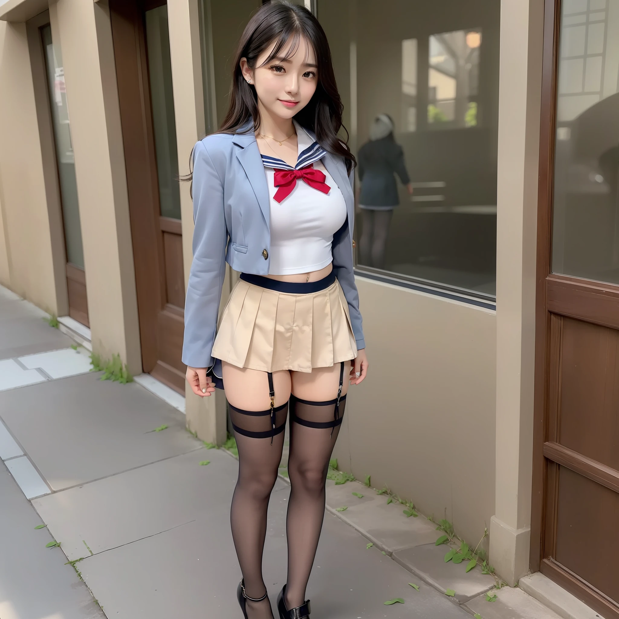 ((top-quality、in 8K、masterpiece、Photorealsitic:1.3))、((physically-based renderingt、Emphasis on balance、the golden ratio))、1girl in、adult lady、adult-like、lady、Chilarism、Shy smile、FULL BODYSHOT、Slightly slimmer face、Pretty women、A Japanese Lady、二重まぶた、long lashes、Smaller face、E-cup、long legged、beauty legs、((Sailor Suit or Blazer Uniform))、(Stockings or knee-high stockings or raw legs)、Knee-length skirt、high-heels、piercings、A bracelet、a necklace、Standing、