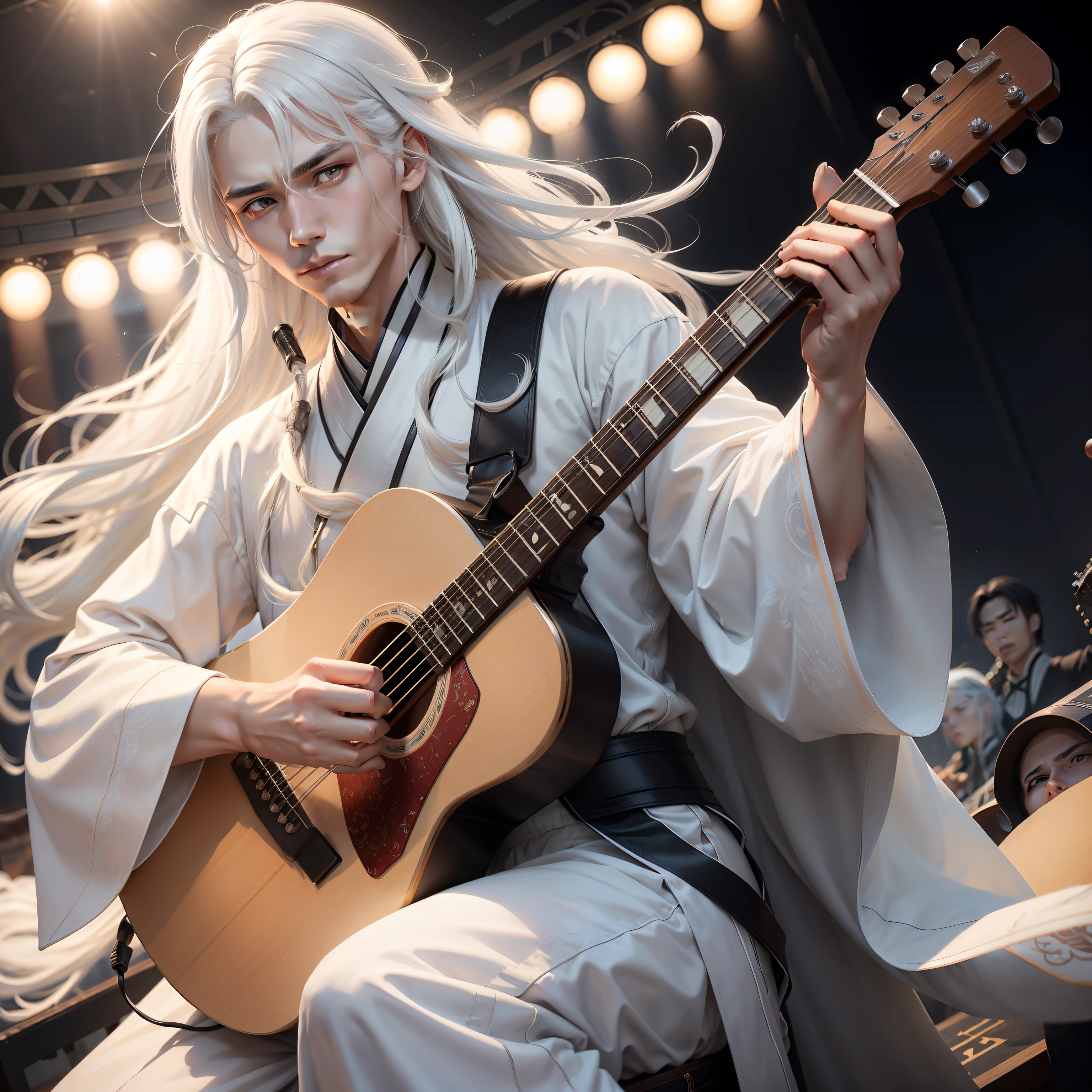 cool guy，White hair，long whitr hair，ancient wind，Hanfu，full bodyesbian，Concert，plays the guitar，k hd，tmasterpiece