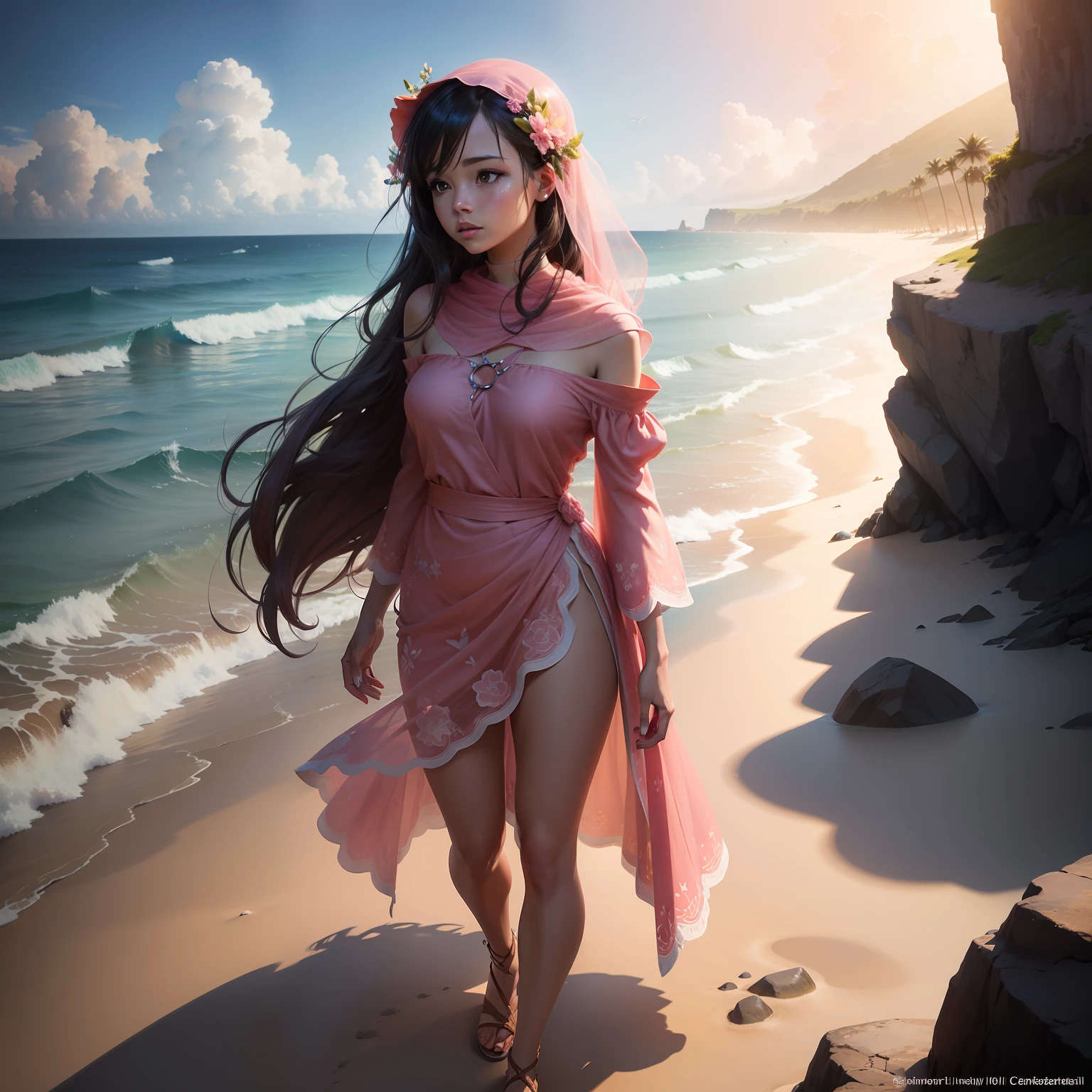 the character is a woman in a red dress standing on a rocky beach next to the ocean, on the sea, on the beach, Dressed in a pink flowered tunic, Dressed in a flowered tunic, A dress with a veil, standing next to the beach, a 30-year-old woman standing on the beach, Sandra Chevier, , niele Toroni, next to the sea, on the beach, computer game character digital painting, luminism, watercolor, complex background, 32k, dynamic lighting, ultra thin, ultra very detailed, deep colors, sureal, mythical, intrecate full
