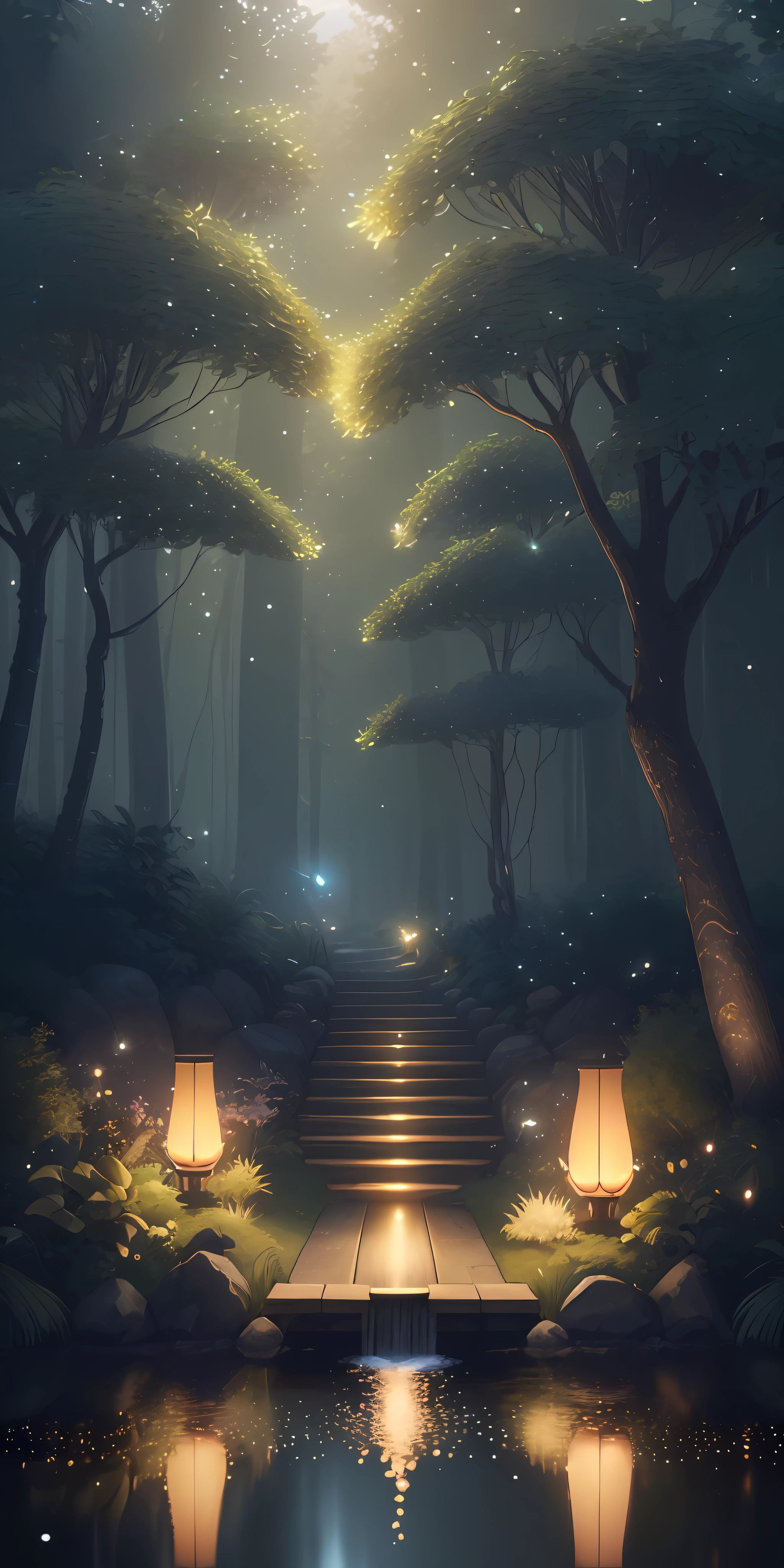 Masterpiece, best quality, (very detailed CG unity 8k wallpaper), (best quality), (best illustration), (best shadows), glow sprite, with a glowing deer, in the swimming pool Drinking water, natural elements in the forest theme. Mysterious forest, beautiful forest, nature, surrounded by flowers, delicate leaves and branches surrounded by fireflies (natural elements), (jungle theme), (leaves), (twigs), (fireflies), (particle effects) etc. 3D , Octane rendering, ray tracing, super detailed