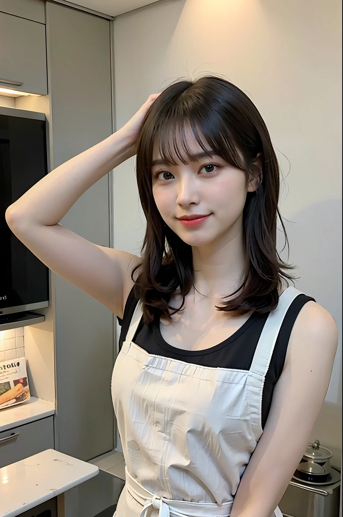 a woman is cooking、(kitchin_Apron:1.Wear 3)、Good Hand、4K、hight resolution、​masterpiece、top-quality、Cap:1.3、((Hasselblad photo))、Fine skin、foco nítido、(lighting like a movie)、Soft lighting、dynamic ungle、[:(详细的脸:1.2):0.2]、Medium chest、sweats streamed skin:1.2、(((In the kitchen))) Cute smile　Viewer's Perspective　Colossal tits　Tying hair　Sleeveless　Put out your upper arm　Shoulders are sticking out　Cleanliness　Large kitchen　Beautiful kitchen　wine glasses　posterior view　Behind　backs　Raise and tie your hair