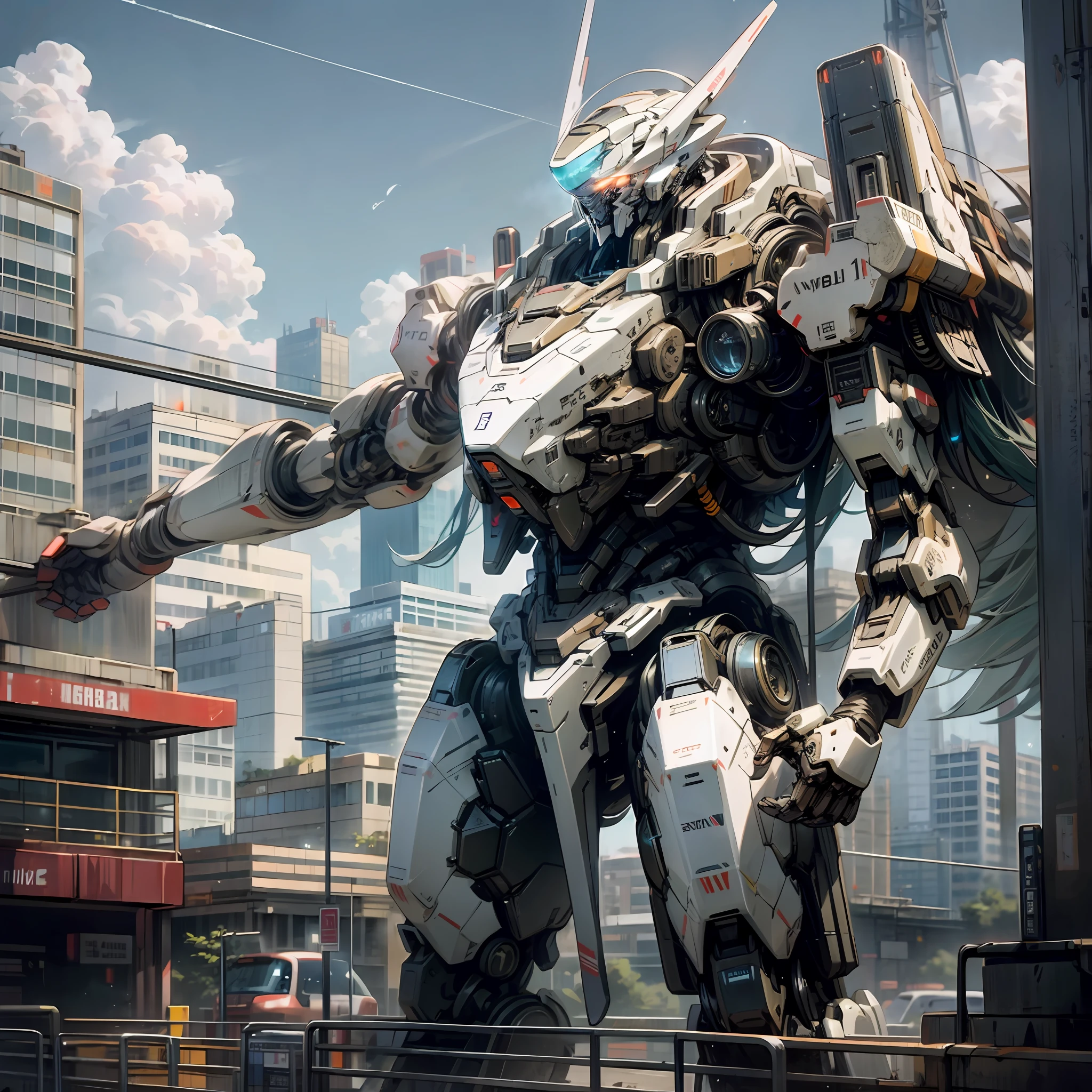 sky, cloud, holding_weapon, no_humans, glowing, , robot, building, glowing_eyes, mecha, science_fiction, city, realistic,mecha