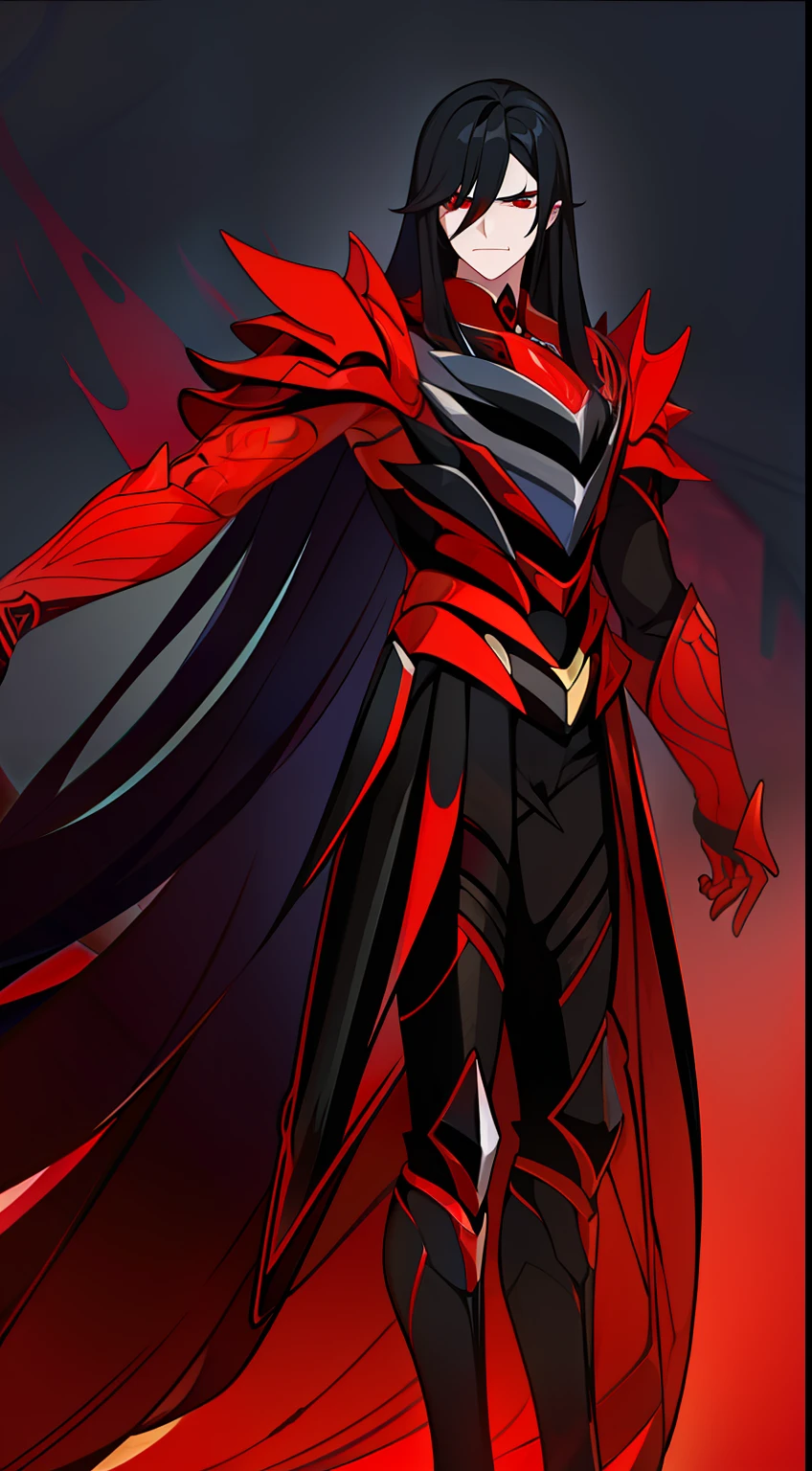 Young guy, Long black hair, red-eyes, red tattoos, Demonic armor, Rage, Masterpiece, hiquality