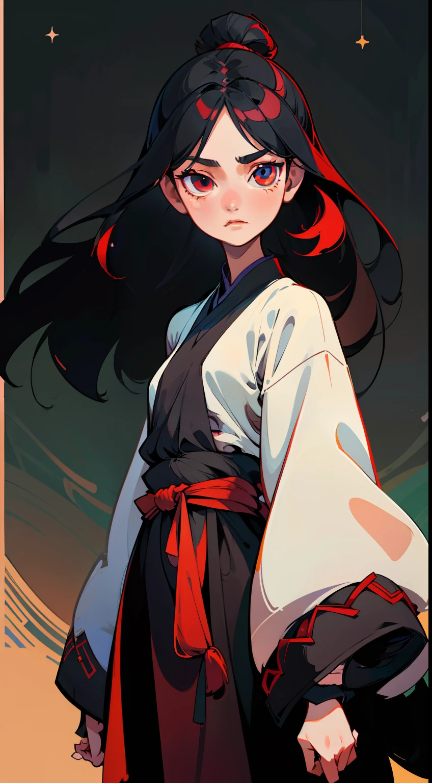 A girl with long black hair,The face shape refers to the star Zhou also,Do not show your ears,no headwear,Positive perspective,Raised eyes,The expression is grim,Hang your eyes,full bodyesbian,Standing illustration,Flat art style,Character design,Chinese Hanfu,Hand drawn illustration style,Single background,Clean background,Blank background