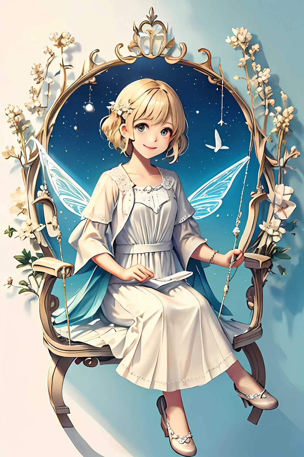 Welcome to the unknown、Angels will guide you､kindly smile、Beautiful girl with a sense of transparency、beautiful fairies､Large transparent blade､Riding on a swing、laugh