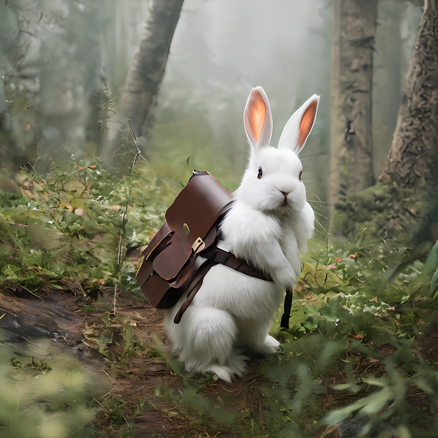 classicnegative portrait photo, fantasy video game character concept art, a cute white fluffy rabbit wearing a small brown leather backpack looking at a map hiking through a forest, dungeons and dragons, fantasy, river, haze, halation, bloom, dramatic atmosphere, 1970s dark fantasy movie, centred, rule of thirds