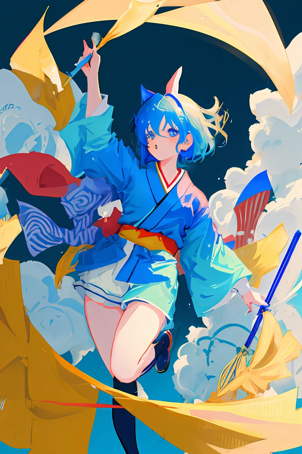 Anime girl, , bunny girl, wear glasess, short hair, hair colour blue, wear kimono colour blue, carrying the flag, good anatomy