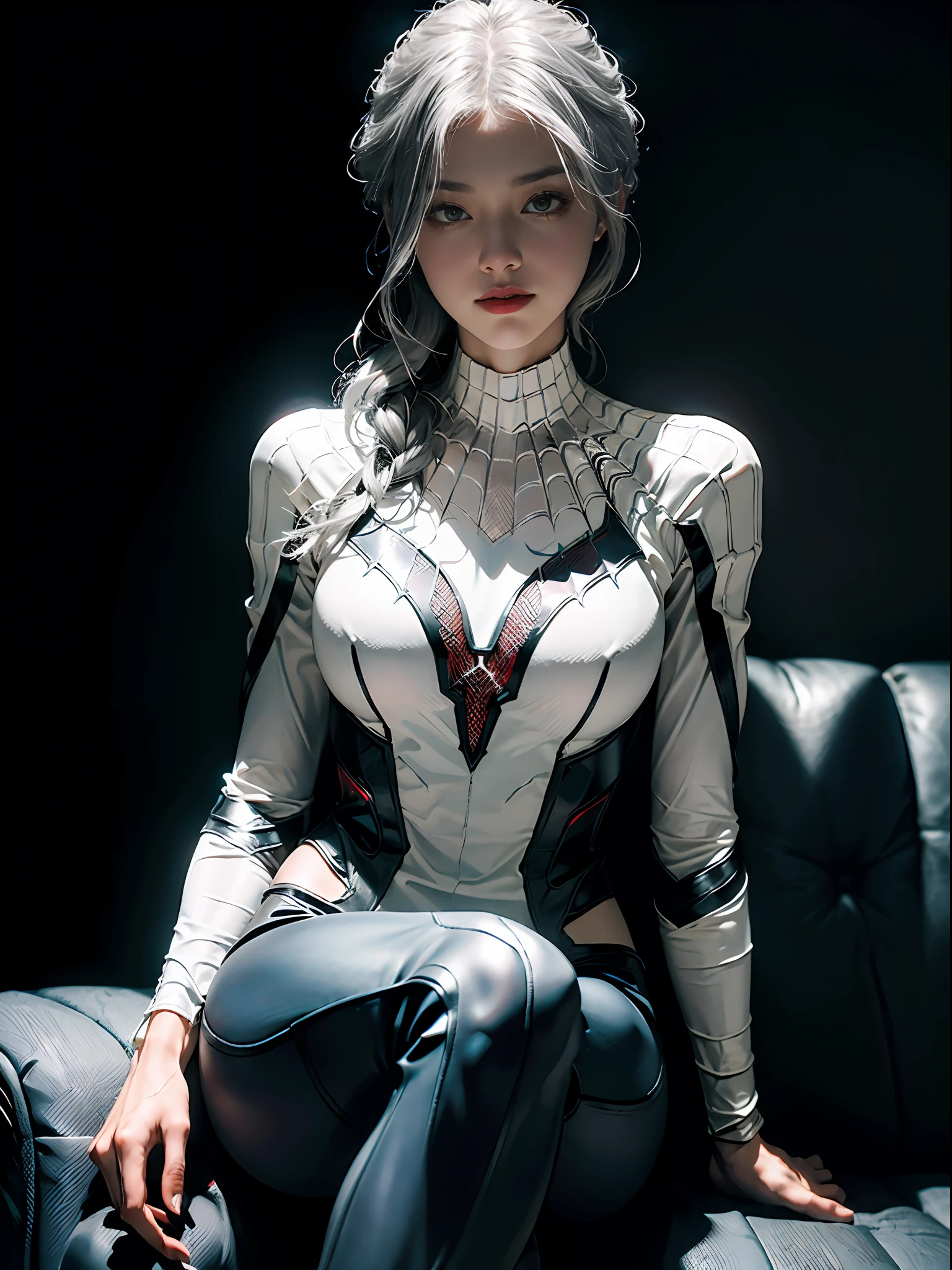 (Extreme Detail CG Unity 8K wallpaper, masterpiece, highest quality), (Exquisite lighting and shadow, highly dramatic picture, Cinematic lens effect), a girl in a white Spider-Man costume, silver gray hair color, from the Spider-Man parallel universe, Wenger, Marvel, Spider-Man, sitting on the couch, dynamic pose), (excellent detail, excellent lighting, wide angle), (excellent rendering, enough to stand out in its class), focus on white Spider-Man costumes, complex spider textures