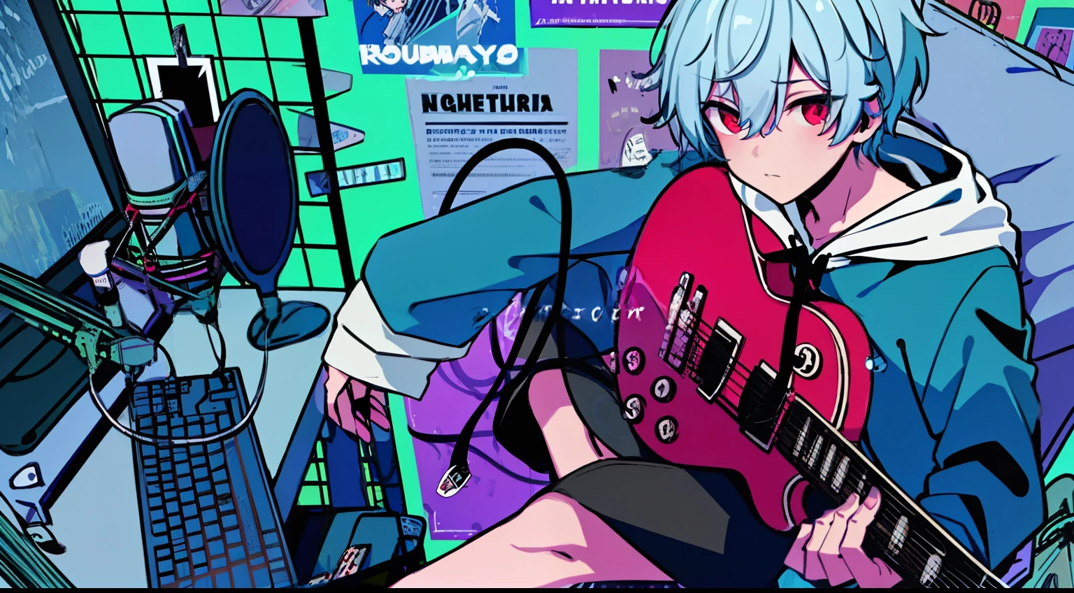 (high-quality, breathtaking),(expressive eyes, perfect face), 1boy, male, solo, short, young boy, short white hair, red eyes, black hoodie, rose accessory, holding, sitting, chair, instrument, microphone, guitar, cable, computer, monitor, holding instrument, electric guitar, poster (object), keyboard (computer), mouse (computer), amplifier,