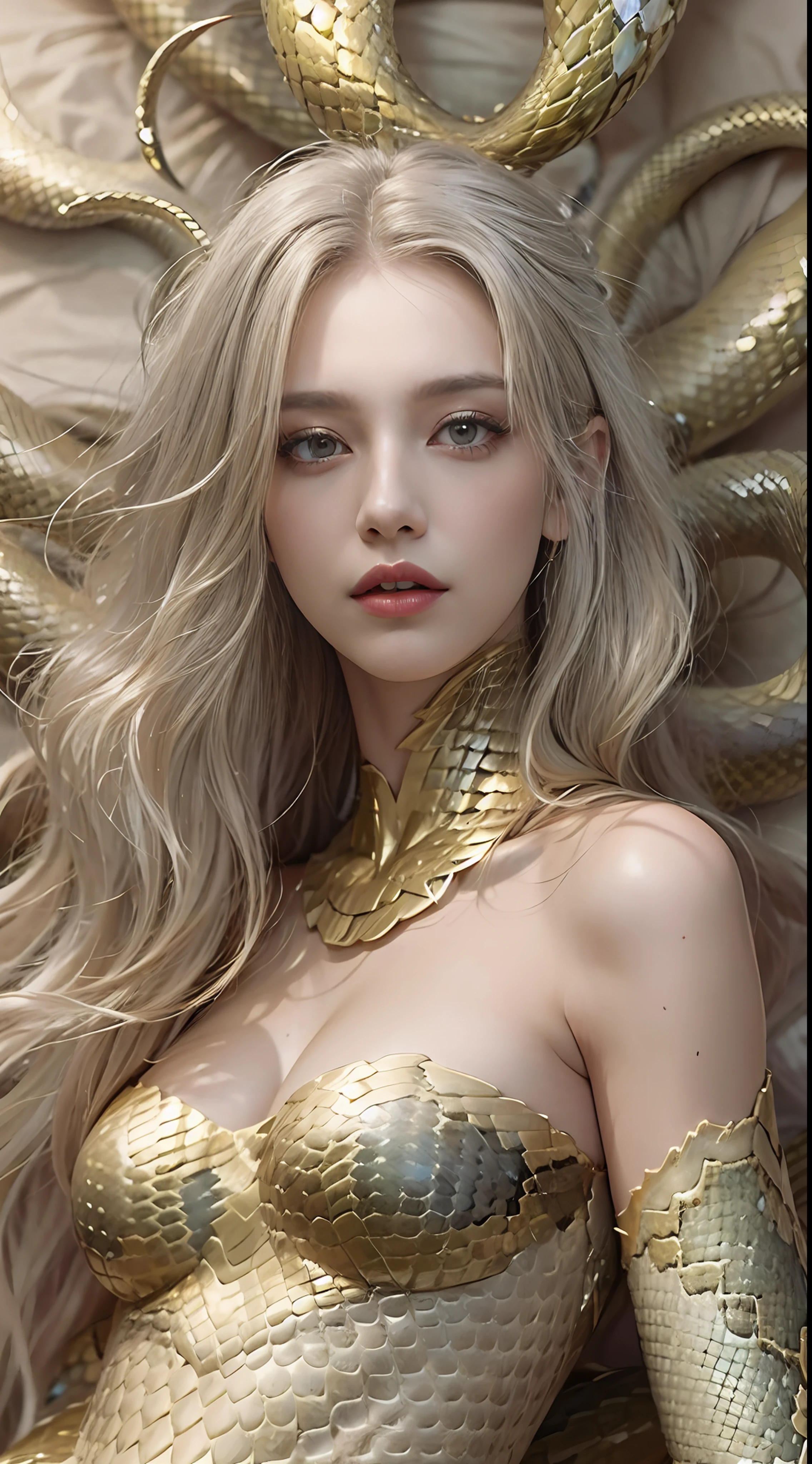Bright and simple background,Beds,Bedrooms,A beautiful woman with golden scales on her body,Lamia,Snake demon,(Elongated snake tail:1.3),Lamia,(Realistic scales),Long flowing hair,Girl with delicate face,Bare body,Pale skin(Smooth and delicate),(middlebreast),Shiny scales,succubi,Raised sexy,Realistic characters,wallpaper hd,Faraway view,in a panoramic view,8K