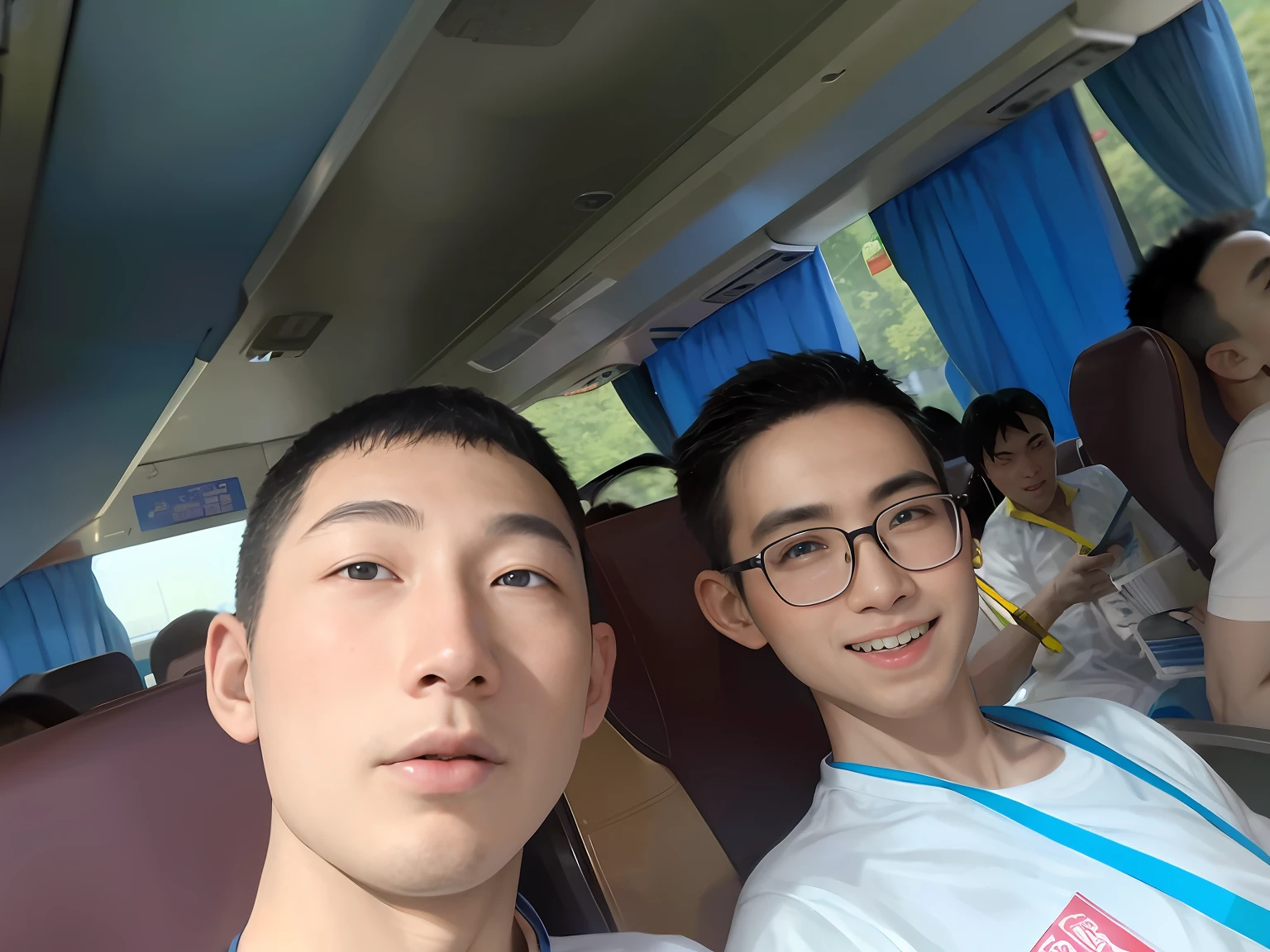 Two men sat on a bus with blue curtains, Ruan Jia and Fenghua Zhong, with many travelers, ruan jia and brom, Li Zixin, xintong chen, taken on go pro hero8, wenjun lin, Selfie Photos, self-shot, wenfei ye, yanjun cheng, Chen Zezhou, vacation photo