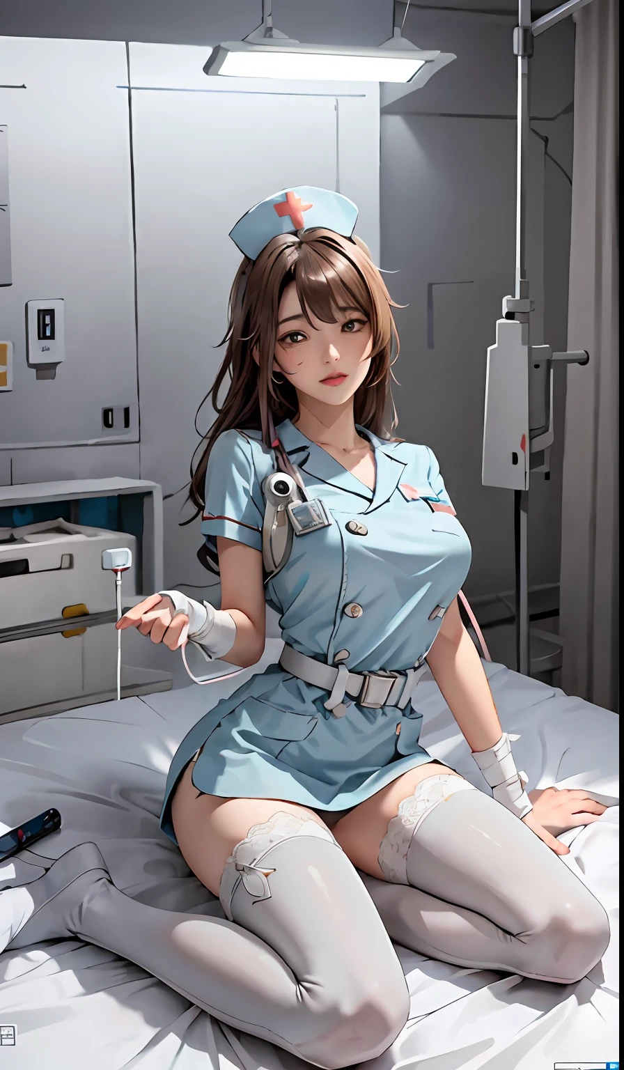 （（best qualtiy））， （（tmasterpiece））， （（Realistis））， （A detailed）， （realisticlying：1.5），REX,（Yi female nurse），Bird Chart，Extremely detailed eyes and perfect face,beautiful detailed glow,Wearing a nurse's hat，long and flowing hair，Floating,(fully body photo),Panorama Figures，Full body photo，Sleeping mech nurse girl，Put on your mech combat suit，shorter pants，short  skirt，White Siwa,mechasuit，Sleep in a hospital bed，The body is plugged in with a wire in the charge，There are drops in the potion bottle，Lifting needles，In the infusion，17 yr old，Wearing a medical auscultation instrument，Sexy sleeping position，Seductive pose,dynamicposes，Dynamic shots，Show off your sexy figure，Show off sexy long legs，Can't believe it's so beautiful，Alloy medical cuirass,He had a lot of bandages around his waist，Medical bandages bind wounds，She wears sexy lace nurse trousers，Wearing pink Gundam lace nurse pajamas，brown  hair,Semi-mechanical pajamas，Nurse hat，black lence stockings，Sexy mecha medical machine set,Latex full body tights，Black silk big breasts，There are also a lot of medical surgical props and medicines neatly placed next to it，Huge cross medicine chest next to it，In a bed in a hospital operating room，，8K original，（Luminous Particle：1.4），（VerydetailedCG，Unity 8k壁纸，3D，cinmatic lighting，lens flare glow），Reflectors，Sharp focus，Cyberpunk art of a，Cyberpunk Building