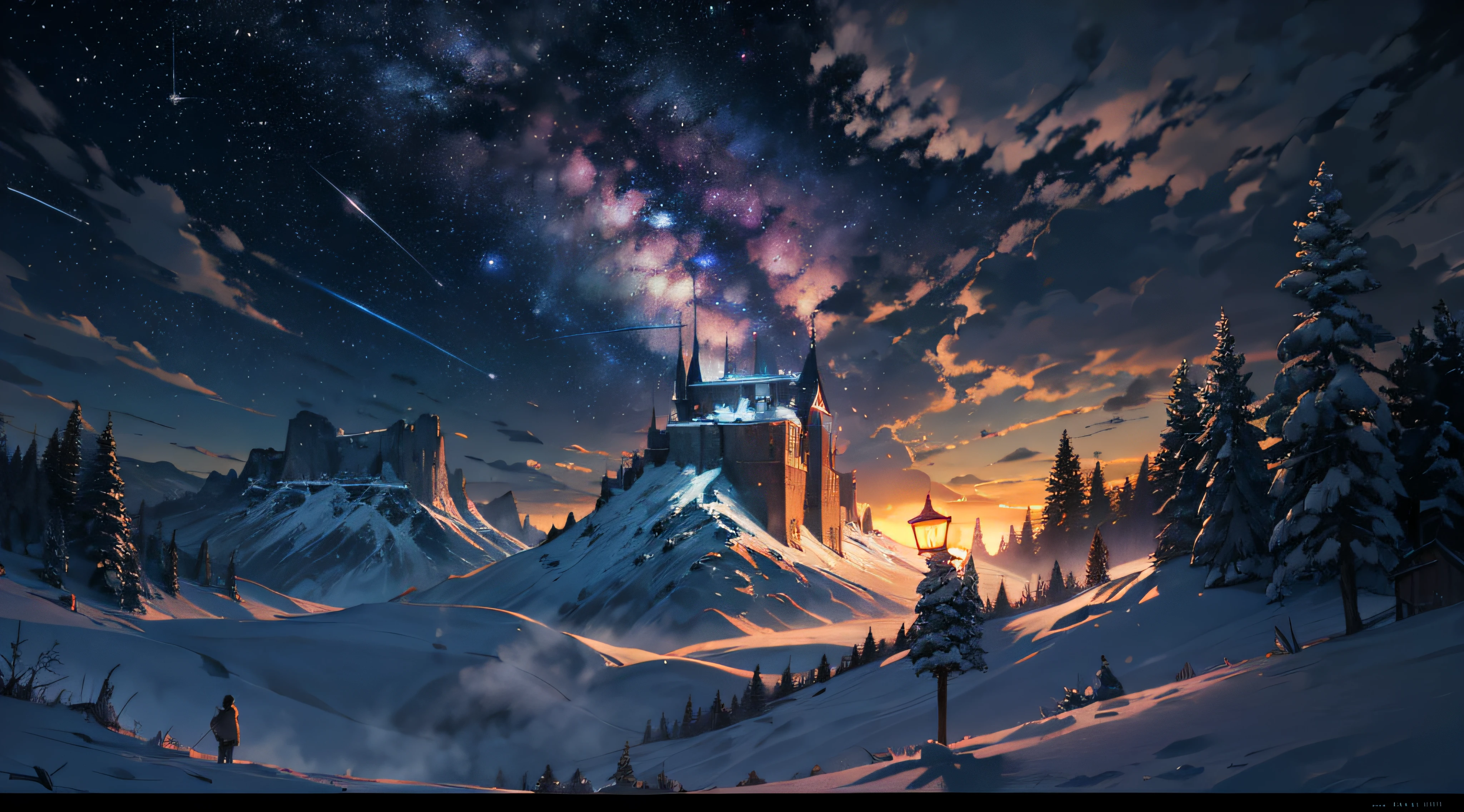 Expansive landscape photograph，（moon full：1.2），（meteors：0.9），（Starcloud：1.3），Far Mountain, Tree BREAK making art，（Warm light source：1.2），（glowworm：1.2），lamp lights，Lots of purple and orange，Complicated details，Volumetriclighting，Realism BREAK（tmasterpiece：1.2），（best qualtiy），4K，Ultra-detailed，（dynamic compositions：1.4），The is very detailed，Colorful details，（Irridescent color：1.2），（luminouslighting，Atmospheric lighting），dream magical，magical，（独奏：1.2），（（best qualtiy））， （（tmasterpiece））， （the detail：1.4），depth of fields，maximum definition and sharpness，perfectly proportions，Fluttering clouds，Wallpapers