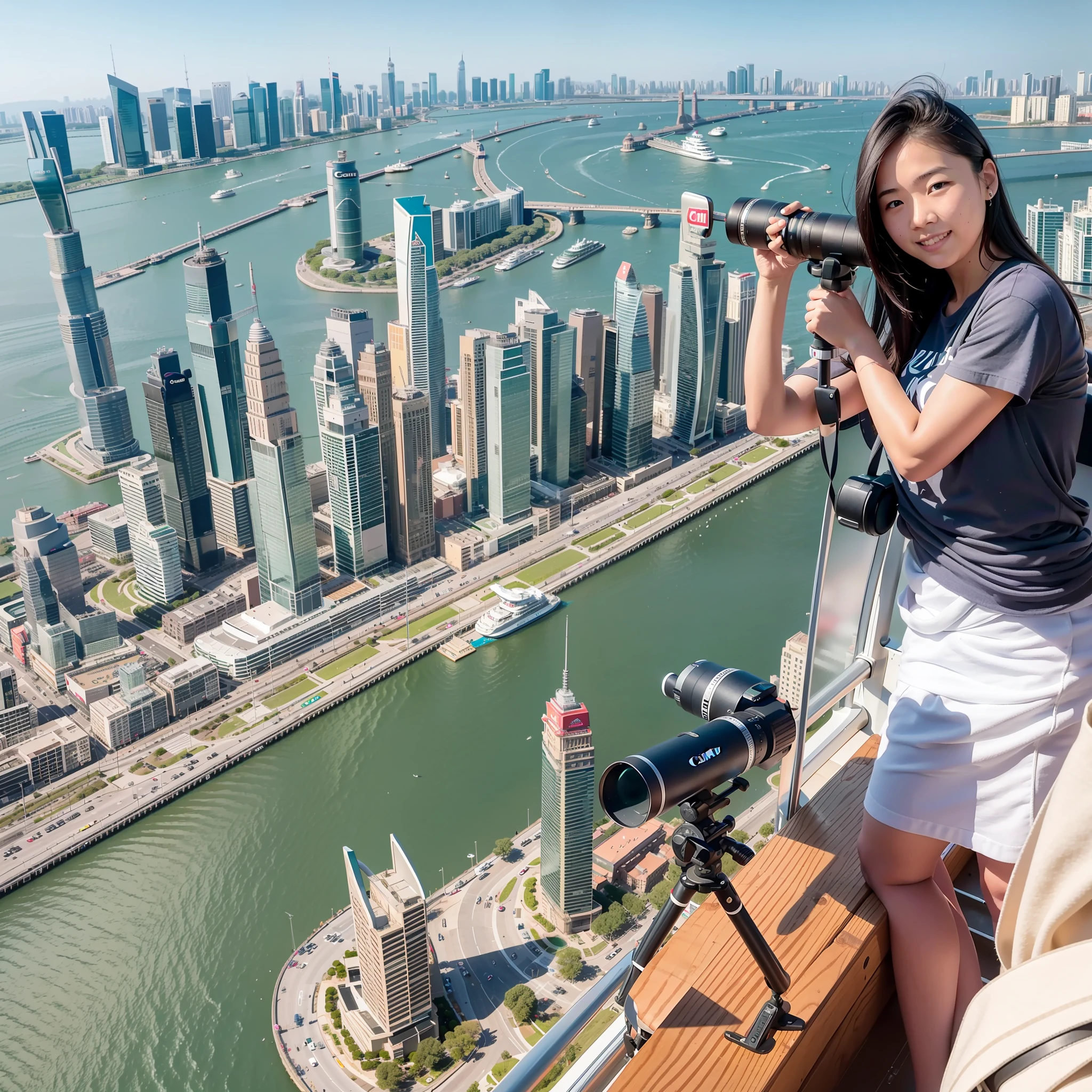 Overlooking the whole family，Canon shooting，15 year old girl on a 15m helicopter，See the Bund with a telescope