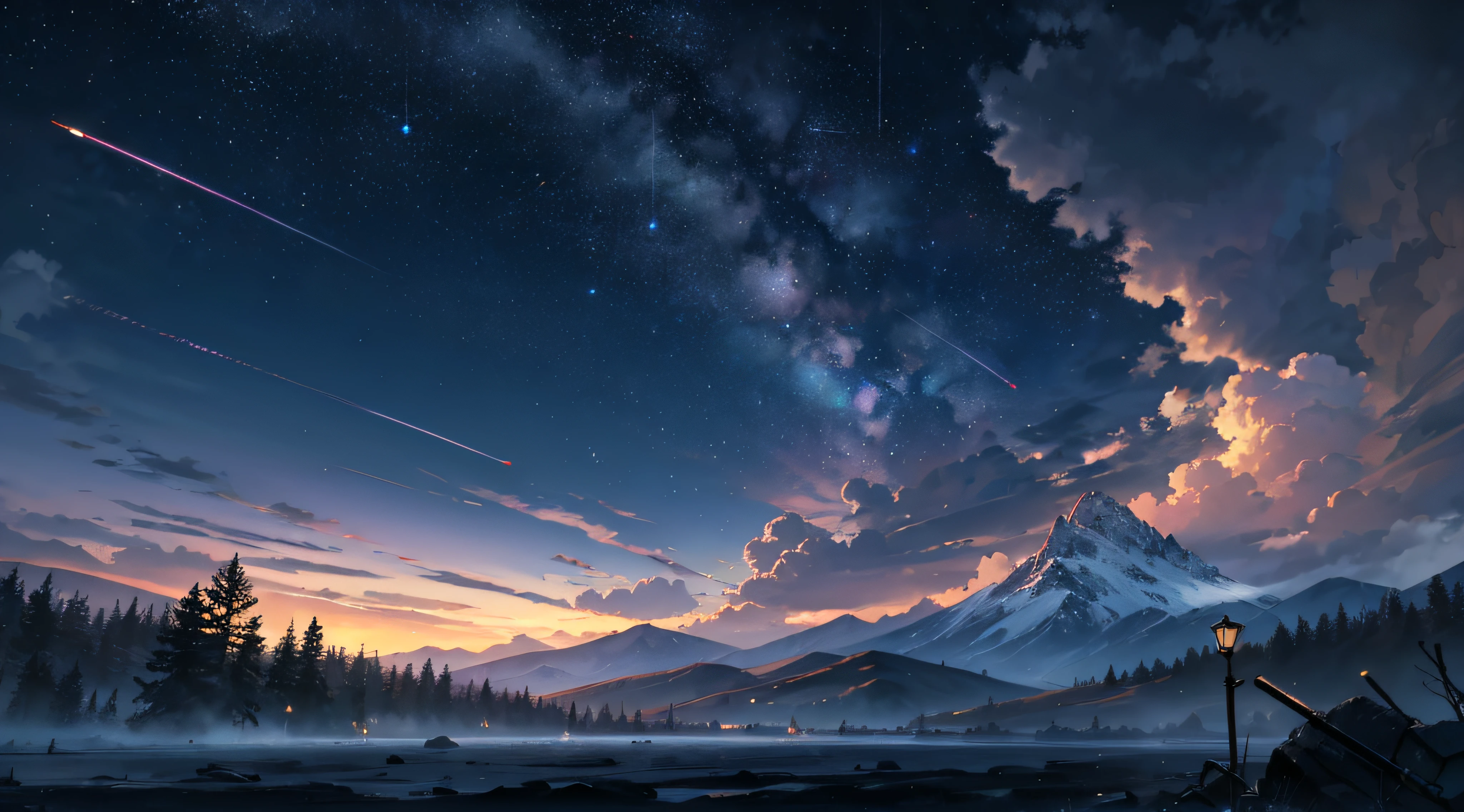 Expansive landscape photograph,(moon full:1.2),(meteors:0.9),(Starcloud:1.3),Far Mountain, Tree BREAK making art,(Warm light source:1.2),(glowworm:1.2),lamp lights,Lots of purple and orange,Complicated details,Volumetriclighting,Realism BREAK(tmasterpiece:1.2),(best qualtiy),4K,Ultra-detailed,(dynamic compositions:1.4),The is very detailed,Colorful details,(Irridescent color:1.2),(luminouslighting,Atmospheric lighting),dream magical,magical,(独奏:1.2),((best qualtiy)), ((tmasterpiece)), (the detail:1.4),depth of fields,maximum definition and sharpness,perfectly proportions,Fluttering clouds,Wallpapers