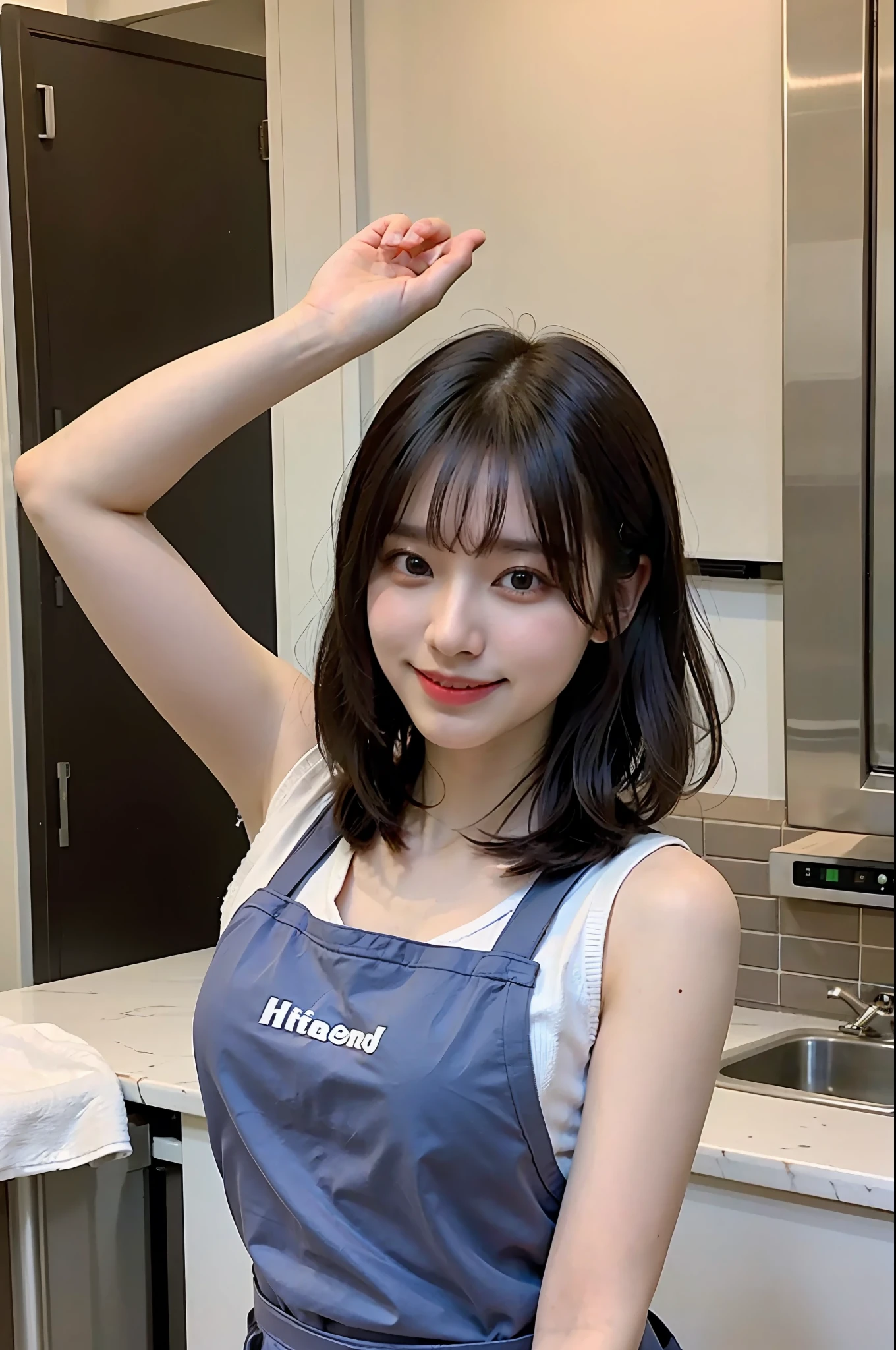 a woman is cooking、(kitchin_Apron:1.Wear 3)、Good Hand、4K、hight resolution、​masterpiece、top-quality、Cap:1.3、((Hasselblad photo))、Fine skin、foco nítido、(lighting like a movie)、Soft lighting、dynamic ungle、[:(详细的脸:1.2):0.2]、Medium chest、sweats streamed skin:1.2、(((In the kitchen))) Cute smile　Viewer's Perspective　Colossal tits　Tying hair　Sleeveless　Put out your upper arm　Shoulders are sticking out　Cleanliness　Large kitchen　Beautiful kitchen　wine glasses　wide々and beautiful kitchen background　Clean kitchen