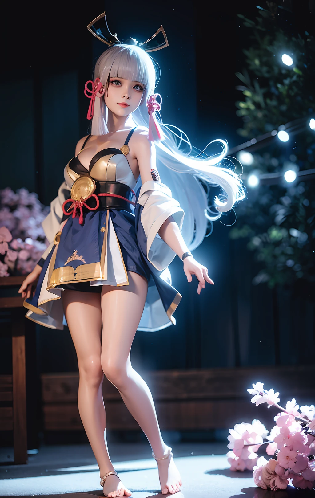 1girl,herry blossoms, 1girl, tree, solo, aurora, fireworks, long_hair, fireflies, light_particles, pine_tree, snowflake_background, milky_way, aerial_fireworks, headdress, arms behind body, blue_eyes, smile, face focus,photorealistic:1.4  detailed face,detailed eyes,shiny skin,full body,close up,looking viewers,Naked, kimono, bra, lingerie