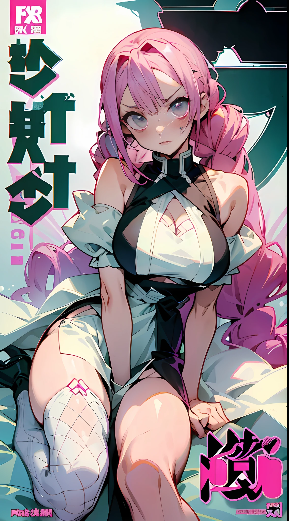 mitsuri (Demon Killer) ,Pink and green hair，Comic cover style，Comic title，Ocean park，Slim figure，cropped shoulders，huge tit，White dress at the bottom，Mesh garment，Fleshy thighs，Below the waist are mesh stockings，Masterpiece，hyper-detailed face，Deep rendering