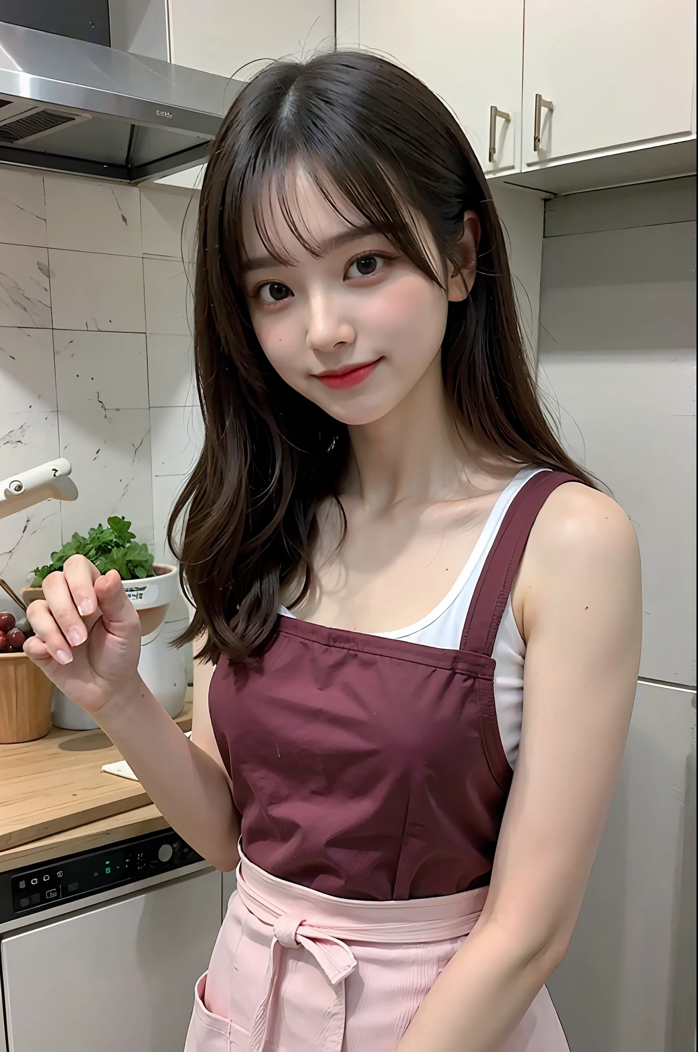 a woman is cooking、(kitchin_Apron:1.Wear 3)、Good Hand、4K、hight resolution、​masterpiece、top-quality、Cap:1.3、((Hasselblad photo))、Fine skin、foco nítido、(lighting like a movie)、Soft lighting、dynamic ungle、[:(详细的脸:1.2):0.2]、Medium chest、sweats streamed skin:1.2、(((In the kitchen))) Cute smile　Viewer's Perspective　Colossal tits　Tying hair　Sleeveless　Put out your upper arm　Shoulders are sticking out　Cleanliness　Large kitchen　Beautiful kitchen　wine glasses　wide々and beautiful kitchen background　Clean kitchen