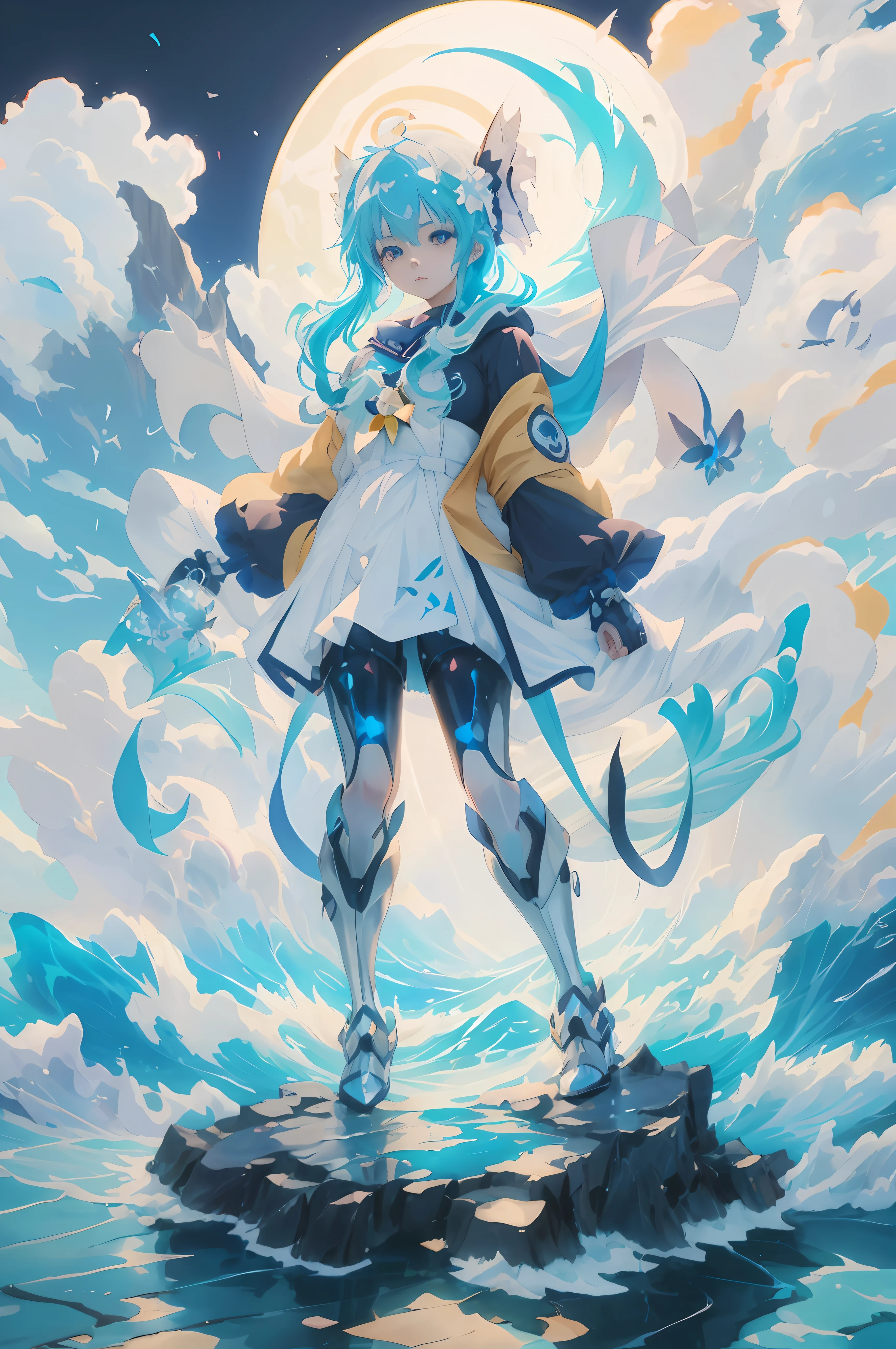 anime girl with blue hair and a cape standing on a rock in the ocean, anime art wallpaper 4 k, anime art wallpaper 4k, anime art wallpaper 8 k, anime style 4 k, anime fantasy illustration, anime fantasy artwork, best anime 4k konachan wallpaper, trending on artstation pixiv, digital art on pixiv, anime epic artwork