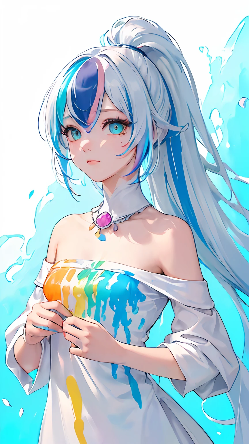 (Pink Fashion T-shirt:1.9),(Colorful hair: 1.8), (all the colours of the rainbow: 1.8),(((((vertical painting:1.6))), (painting:1.6),front, comics, illustrations, paintings, large eyes, crystal clear eyes,( rainbow color gradient high ponytail:1.7), exquisite makeup, closed mouth,(Small Fresh: 1.5),(Wipe Chest: 1.6) ,long eyelashes, white off shoulder T-shirt, White Shoulder Shirt,looking at the audience, large watery eyes, (rainbow colored hair:1.6), color splash, (solo:1.8), color splash, color explosion, thick paint style, messy lines, ((shining)),(colorful), (colorful), (colorful), colorful, Thick Paint Style, (Splash) (Color Splash), Vertical Painting, Upper Body, Paint Splash, Acrylic Pigment, Gradient, Paint, Highest Image Quality, Highest Quality, Masterpiece, Solo, Depth of Field, Face Paint, colorful clothes, (Elegant: 1.2), gorgeous,long hair, wind, (Elegant: 1.3), (Petals: 1.4),(((masterpiece))),(((best quality))),((ultra-detailed)),(illustration),(dynamic angle),((floating)),(paint),((disheveled hair)),(solo),(1girl) , (((detailed anima face))),((beautiful detailed face)),collar,bare shoulders,white hair, ((colorful hair)),((streaked hair)),beautiful detailed eyes,(Gradient color eyes),(((colorful eyes))),(((colorful background))),(((high saturation))),(((surrounded by colorful splashes))),
