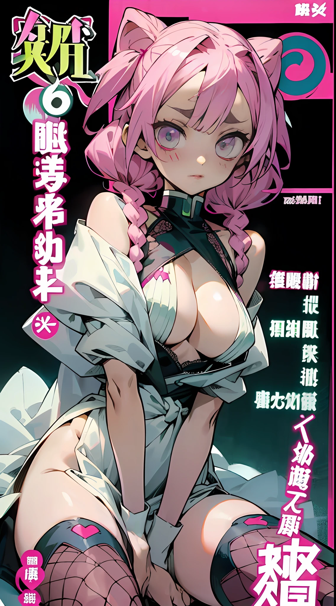 mitsuri (Demon Killer) ,Pink and green hair，Comic cover style，Comic title，Ocean park，Slim figure，cropped shoulders，huge tit，White dress at the bottom，Mesh garment，Fleshy thighs，Below the waist are mesh stockings，Masterpiece，hyper-detailed face，Deep rendering