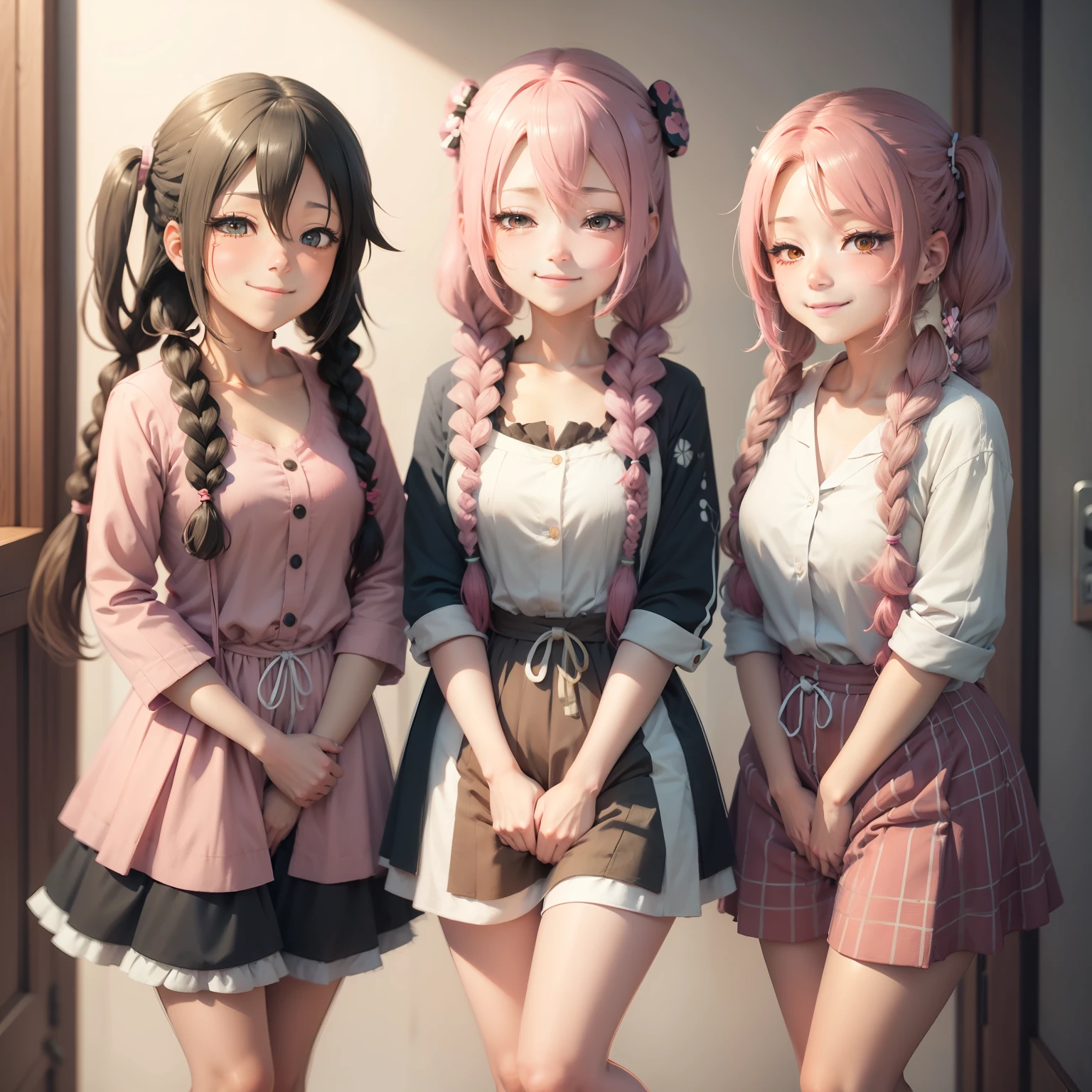 streaked hair, twintails, low twin braids, clover hair ornament, one eye closed, light smile, anime style, depth of field, three sided view, masterpiece