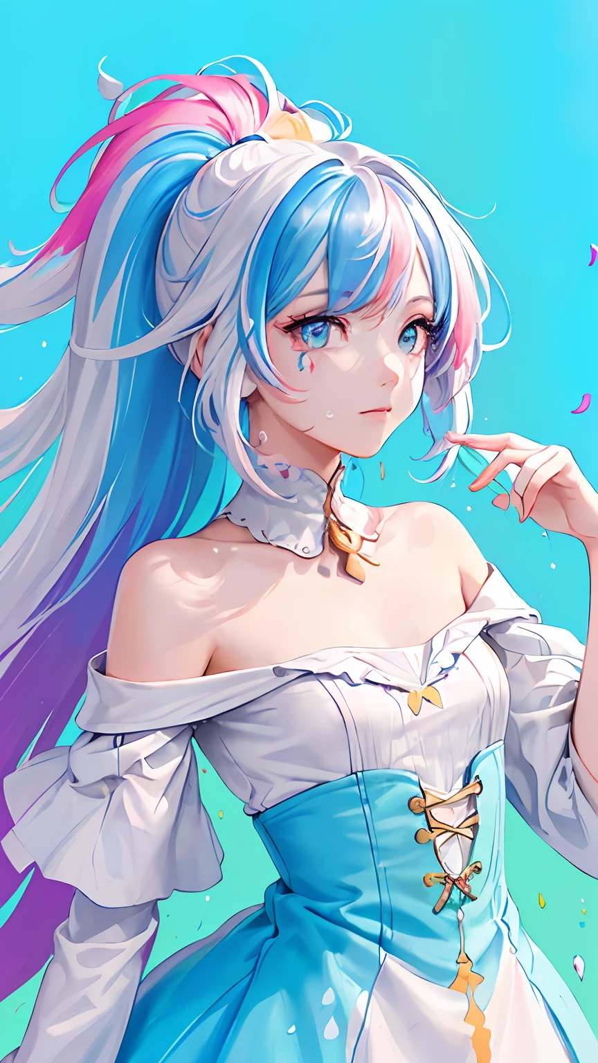 (Pink Fashion T-shirt:1.9),(Colorful hair: 1.8), (all the colours of the rainbow: 1.8),(((((vertical painting:1.6))), (painting:1.6),front, comics, illustrations, paintings, large eyes, crystal clear eyes,( rainbow color gradient high ponytail:1.7), exquisite makeup, closed mouth,(Small Fresh: 1.5),(Wipe Chest: 1.6) ,long eyelashes, white off shoulder T-shirt, White Shoulder Shirt,looking at the audience, large watery eyes, (rainbow colored hair:1.6), color splash, (solo:1.8), color splash, color explosion, thick paint style, messy lines, ((shining)),(colorful), (colorful), (colorful), colorful, Thick Paint Style, (Splash) (Color Splash), Vertical Painting, Upper Body, Paint Splash, Acrylic Pigment, Gradient, Paint, Highest Image Quality, Highest Quality, Masterpiece, Solo, Depth of Field, Face Paint, colorful clothes, (Elegant: 1.2), gorgeous,long hair, wind, (Elegant: 1.3), (Petals: 1.4),(((masterpiece))),(((best quality))),((ultra-detailed)),(illustration),(dynamic angle),((floating)),(paint),((disheveled hair)),(solo),(1girl) , (((detailed anima face))),((beautiful detailed face)),collar,bare shoulders,white hair, ((colorful hair)),((streaked hair)),beautiful detailed eyes,(Gradient color eyes),(((colorful eyes))),(((colorful background))),(((high saturation))),(((surrounded by colorful splashes))),
