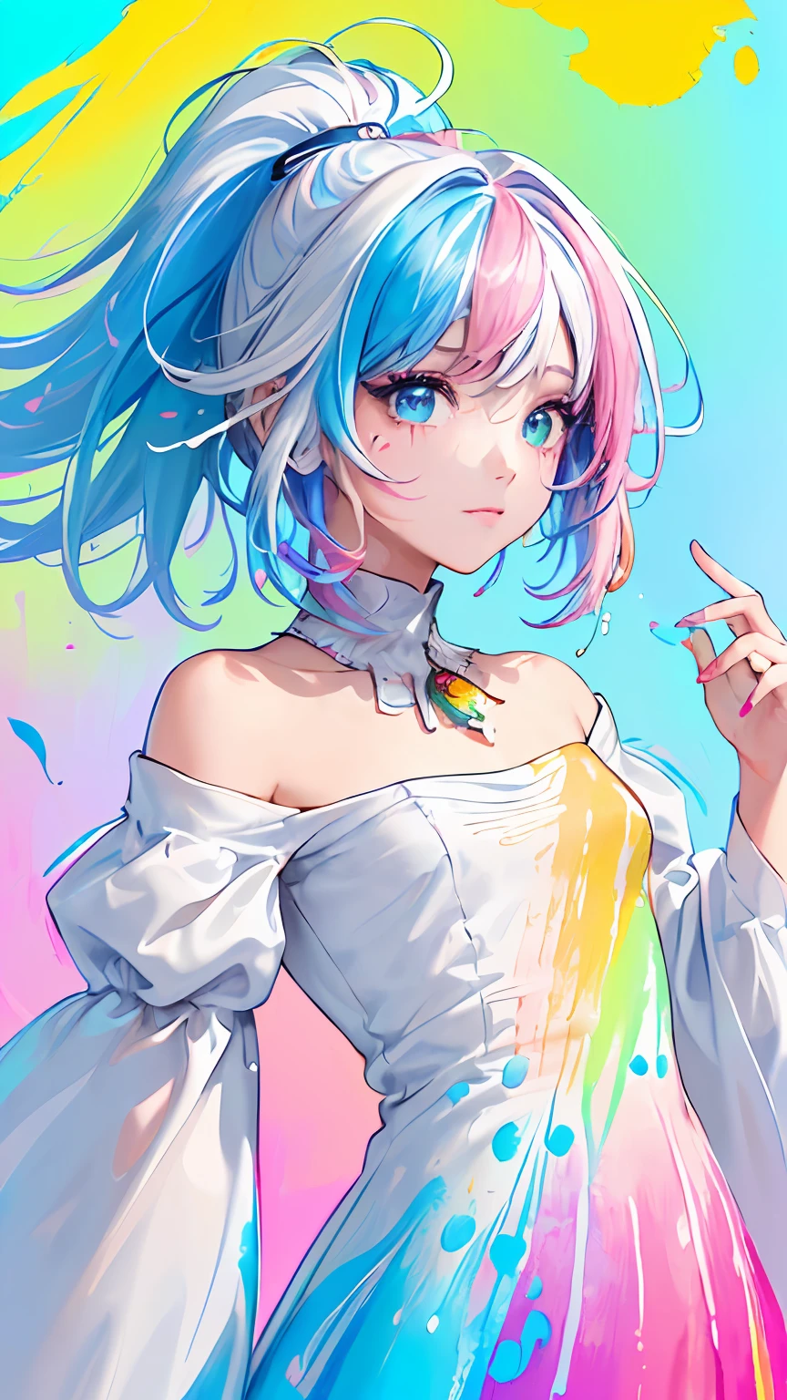 （Pink Fashion T-shirt：1.9），(Colorful hair: 1.8), (all the colours of the rainbow: 1.8),(((((vertical painting：1.6))), （painting：1.6），front, comics, illustrations, paintings, large eyes, crystal clear eyes,（ rainbow color gradient high ponytail：1.7）, exquisite makeup, closed mouth,(Small Fresh: 1.5),(Wipe Chest: 1.6) ，long eyelashes, white off shoulder T-shirt,  White Shoulder Shirt，looking at the audience, large watery eyes, (rainbow colored hair：1.6), color splash, （solo：1.8）, color splash, color explosion, thick paint style, messy lines, ((shining))，(colorful), (colorful), (colorful), colorful, Thick Paint Style, (Splash) (Color Splash), Vertical Painting, Upper Body, Paint Splash, Acrylic Pigment, Gradient, Paint, Highest Image Quality, Highest Quality, Masterpiece, Solo, Depth of Field, Face Paint,  colorful clothes, (Elegant: 1.2), gorgeous,long hair, wind, (Elegant: 1.3), (Petals: 1.4)，(((masterpiece))),(((best quality))),((ultra-detailed)),(illustration),(dynamic angle),((floating)),(paint),((disheveled hair)),(solo),(1girl) , (((detailed anima face))),((beautiful detailed face)),collar,bare shoulders,white hair, ((colorful hair)),((streaked hair)),beautiful detailed eyes,(Gradient color eyes),(((colorful eyes))),(((colorful background))),(((high saturation))),(((surrounded by colorful splashes))),