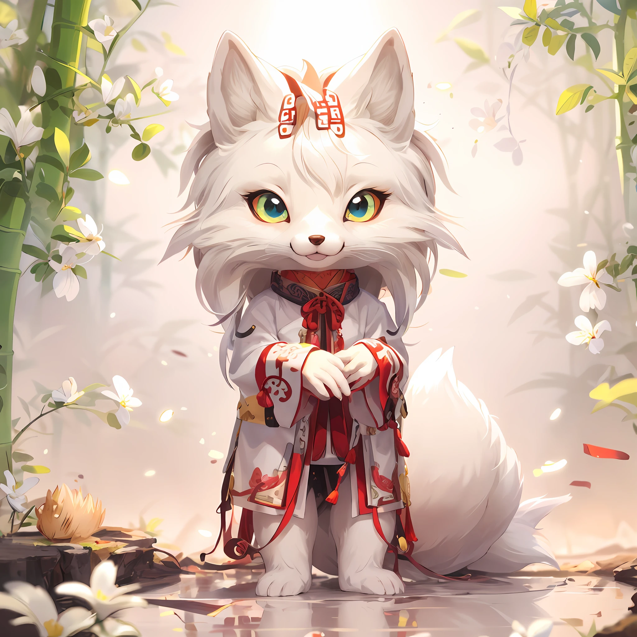 A large bamboo forest background, a beautiful Chinese style fox fairy, nine fox tails, beautiful face, glowing eyes, a white traditional Chinese style dress, white cape, fox ears, half close-up, look at the camera, side shot, with excited smile, ultra-realistic realism style, very detailed, 8K resolution, octan-number rendering,