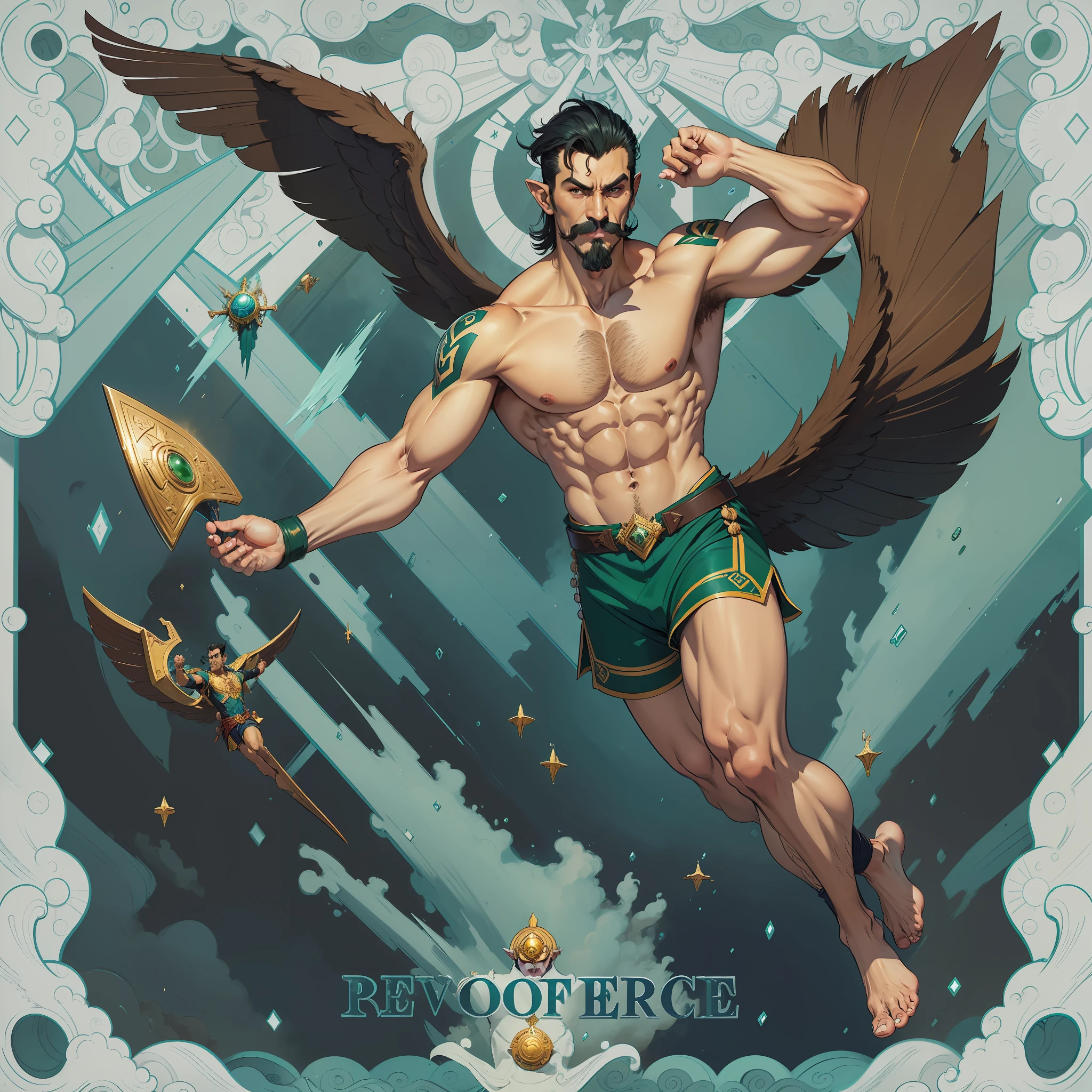( flying high in the sky) character namor from marvels mexican version, with brown and tan skin musculous body mustache and goatee pointy ears short mullet style hair feet with small wings protruding from the sides clothing of a mayan green short shorts flying in the sky above the sea