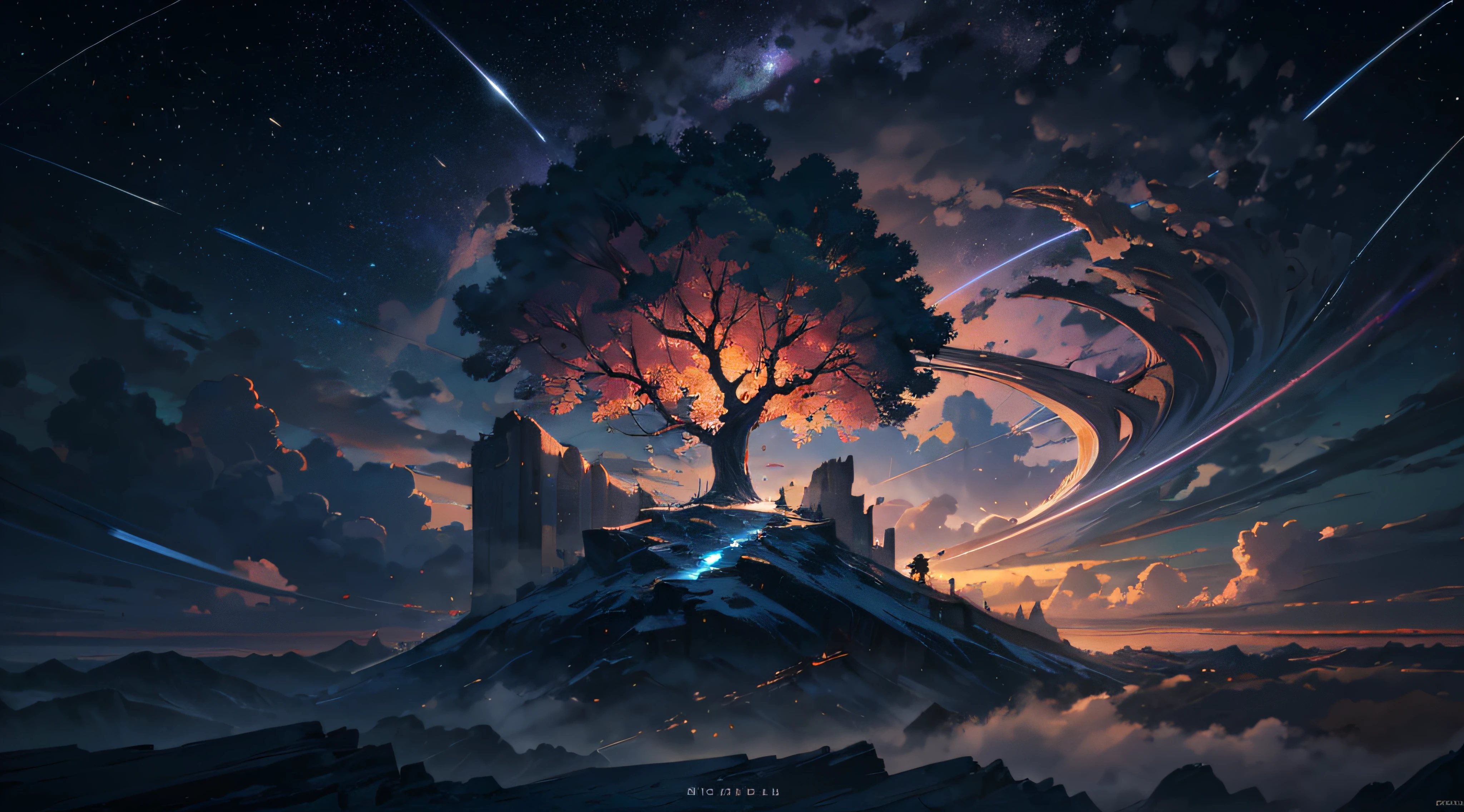 Expansive landscape photograph,(moon full:1.2),(meteors:0.9),(Starcloud:1.3),Far Mountain, Tree BREAK making art,(Warm light source:1.2),(glowworm:1.2),lamp lights,Lots of purple and orange,Complicated details,Volumetriclighting,Realism BREAK(tmasterpiece:1.2),(best qualtiy),4K,Ultra-detailed,(dynamic compositions:1.4),The is very detailed,Colorful details,(Irridescent color:1.2),(luminouslighting,Atmospheric lighting),dream magical,magical,(独奏:1.2),((best qualtiy)), ((tmasterpiece)), (the detail:1.4),depth of fields,maximum definition and sharpness,perfectly proportions,Fluttering clouds,Wallpapers