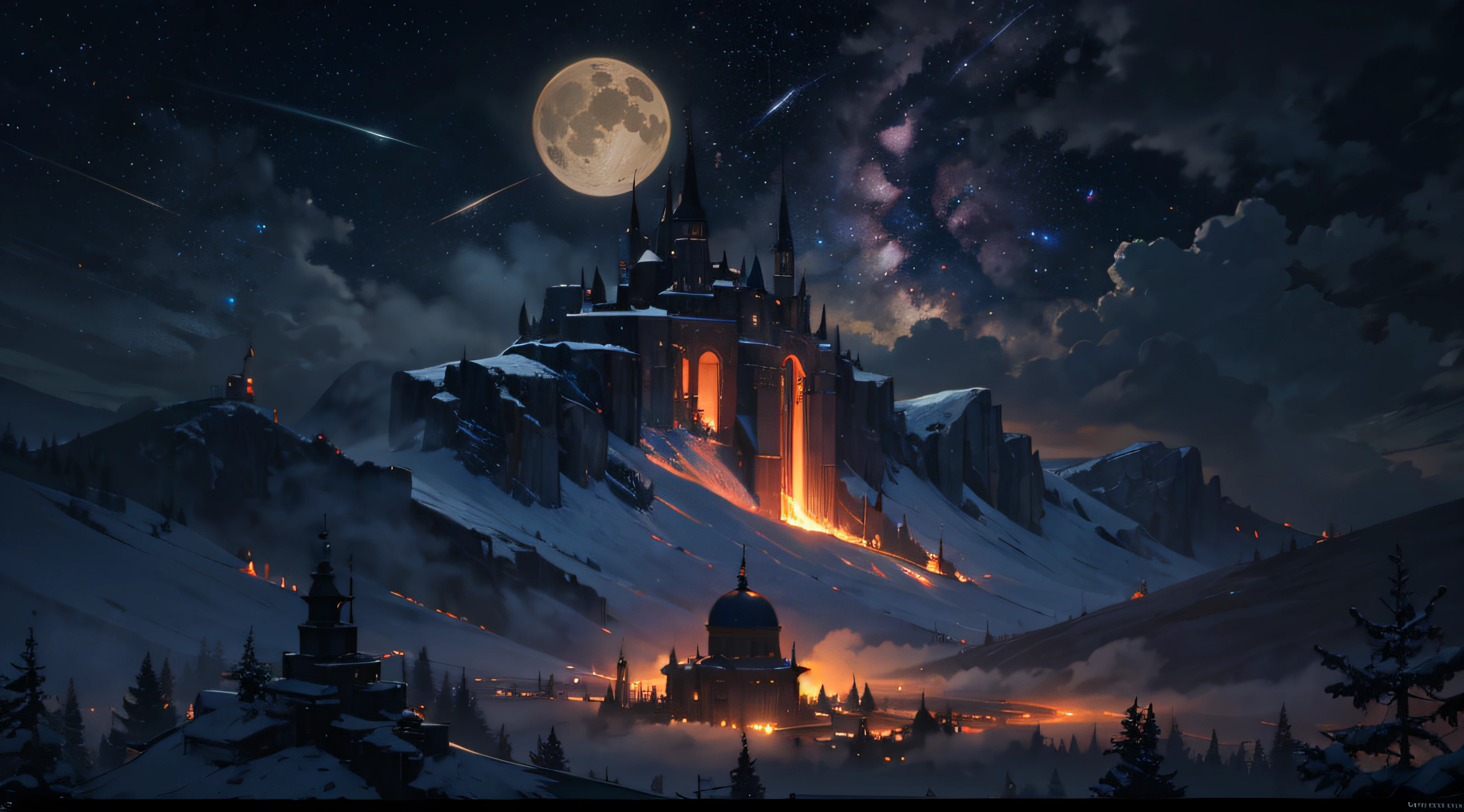Expansive landscape photograph,(moon full:1.2),(meteors:0.9),(Starcloud:1.3),Far Mountain, Tree BREAK making art,(Warm light source:1.2),(glowworm:1.2),lamp lights,Lots of purple and orange,Complicated details,Volumetriclighting,Realism BREAK(tmasterpiece:1.2),(best qualtiy),4K,Ultra-detailed,(dynamic compositions:1.4),The is very detailed,Colorful details,(Irridescent color:1.2),(luminouslighting,Atmospheric lighting),dream magical,magical,(独奏:1.2),((best qualtiy)), ((tmasterpiece)), (the detail:1.4),depth of fields,maximum definition and sharpness,perfectly proportions,Fluttering clouds,Wallpapers
