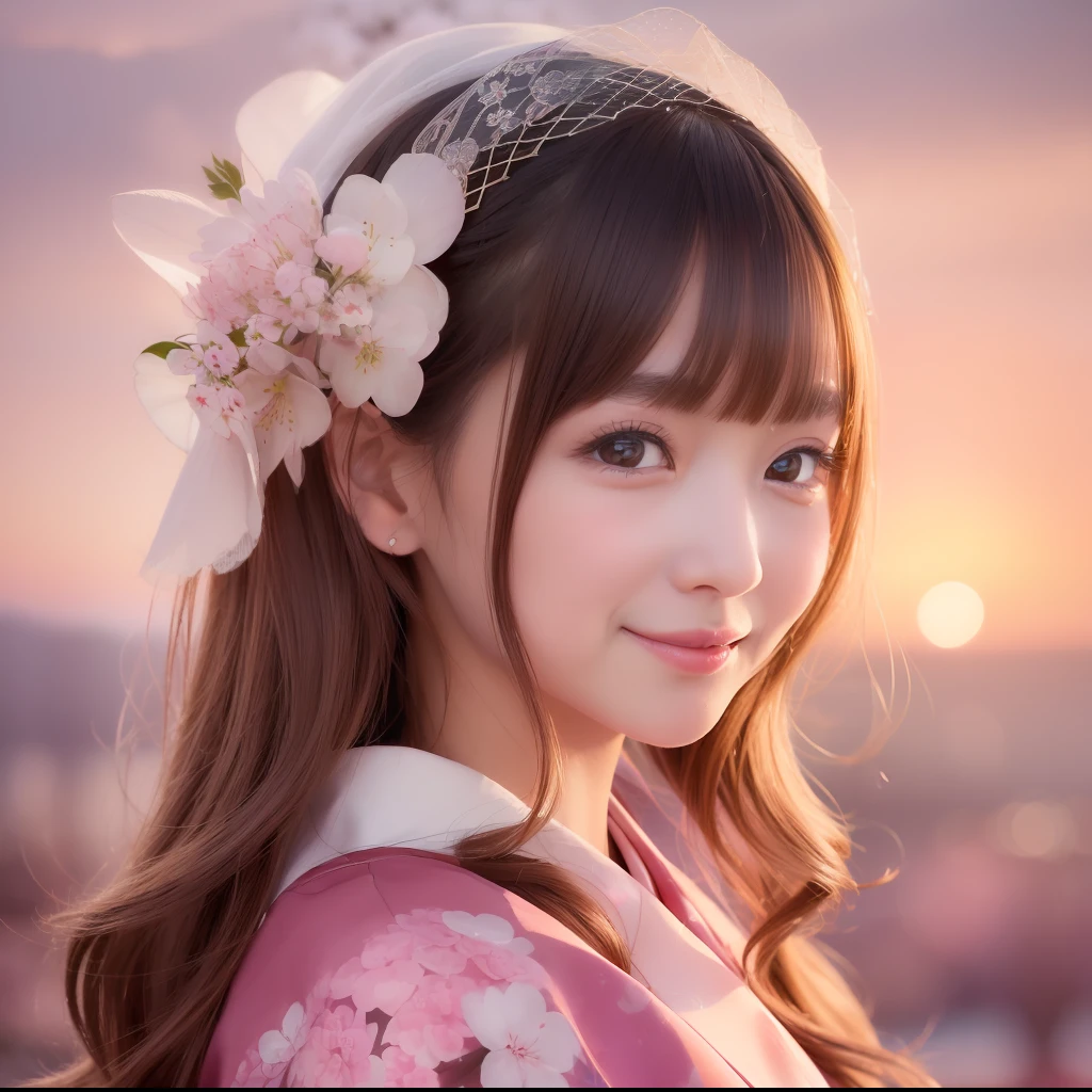 (((Portrait of a lover))), Beautiful depiction of a female character scattering cherry blossom petals, Sparkling eyes, Adorable smile, Gorgeous kimono, Delicate and beautiful painting quality, happy atmosphere, Warm tones, Sunset landscape, cloudy ash sky, Graceful pose, Expression of soft light, Inspiring landscape depictions