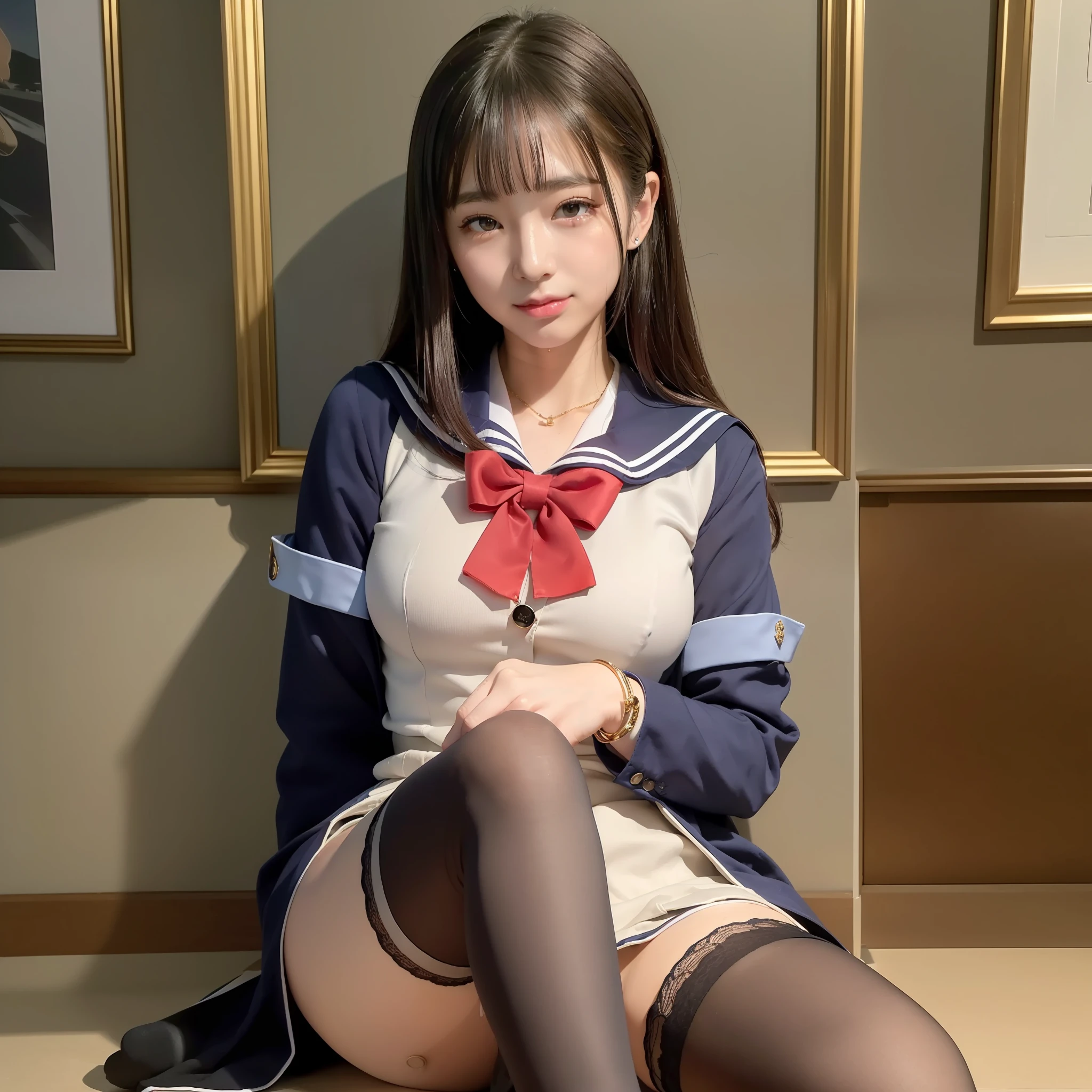 ((top-quality、in 8K、​masterpiece、Photorealsitic:1.3))、((physically-based renderingt、Emphasis on balance、the golden ratio))、1girl in、adult lady、adult-like、lady、Chilarism、Shy smile、FULL BODYSHOT、Slightly slimmer face、Pretty women、A Japanese Lady、二重まぶた、long lashes、Smaller face、E-cup、long legged、beauty legs、((Sailor Suit or Blazer Uniform))、(Stockings or knee-high stockings or raw legs)、Knee-length skirt、high-heels、piercings、A bracelet、a necklace、