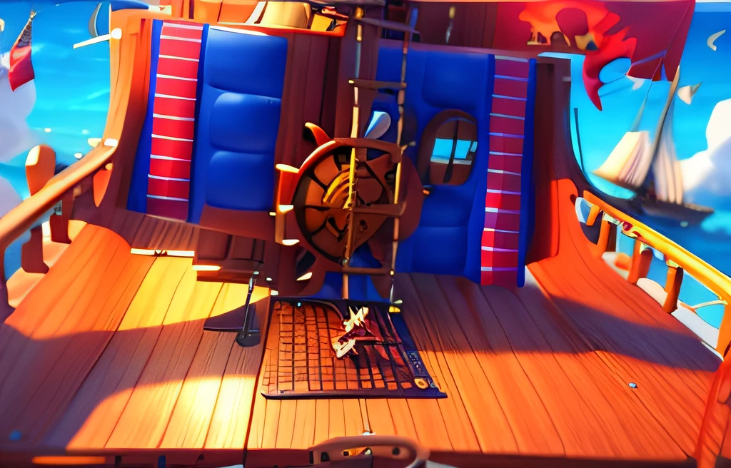 Pirates drive pirate ships,pirate ships,a pirate,steering wheel,with blue sky and white clouds,having fun,Sail,oar